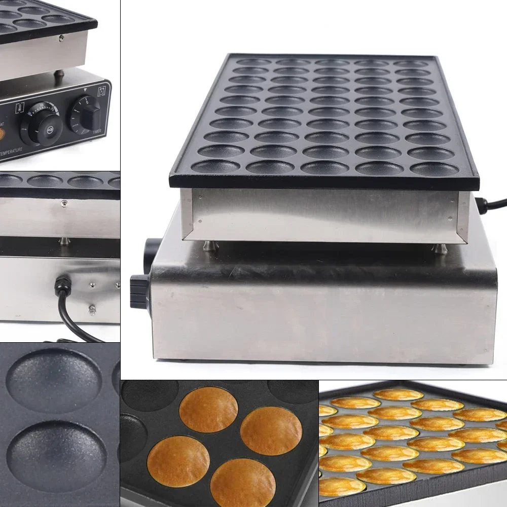 Cast Aluminum Dutch Pancake Maker, 50-Hole 850W×2 Heating, 50-300℃ Temperature Control Non-stick Mini Waffle Baker for Home Shop