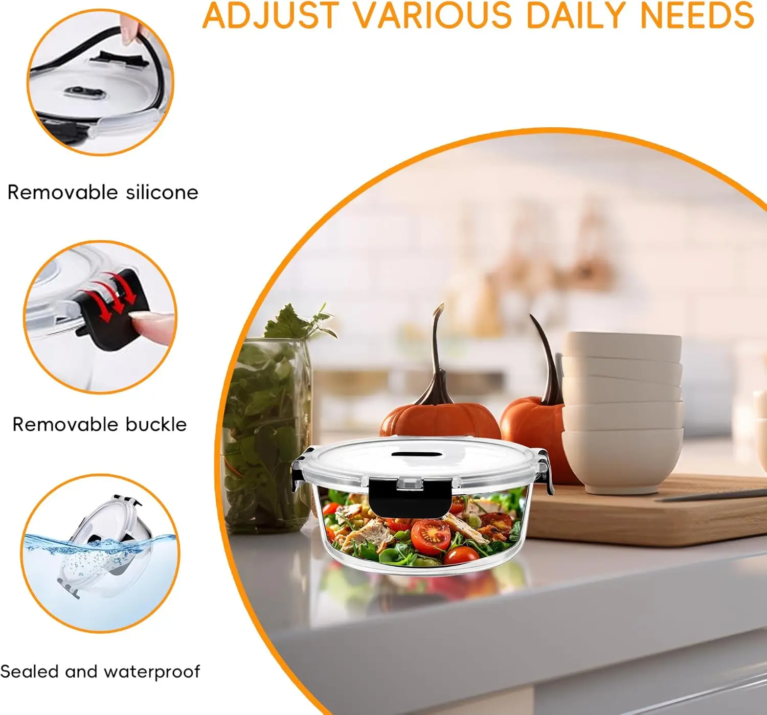 SIAZIH 1300 ML Round Glass Food Containers (With Lids), Set of 4, Airtight Food Storage Containers, BPA-Free