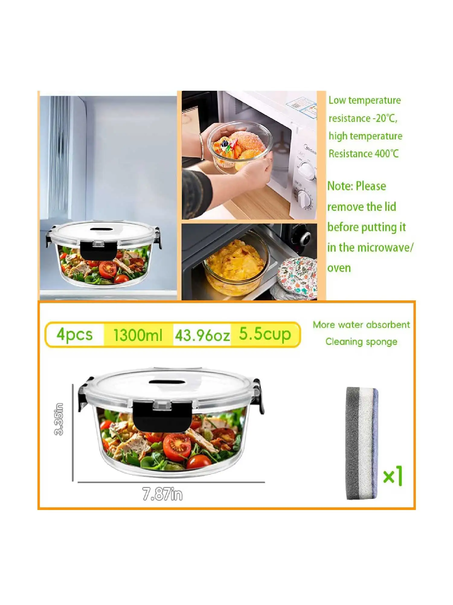 SIAZIH 1300 ML Round Glass Food Containers (With Lids), Set of 4, Airtight Food Storage Containers, BPA-Free