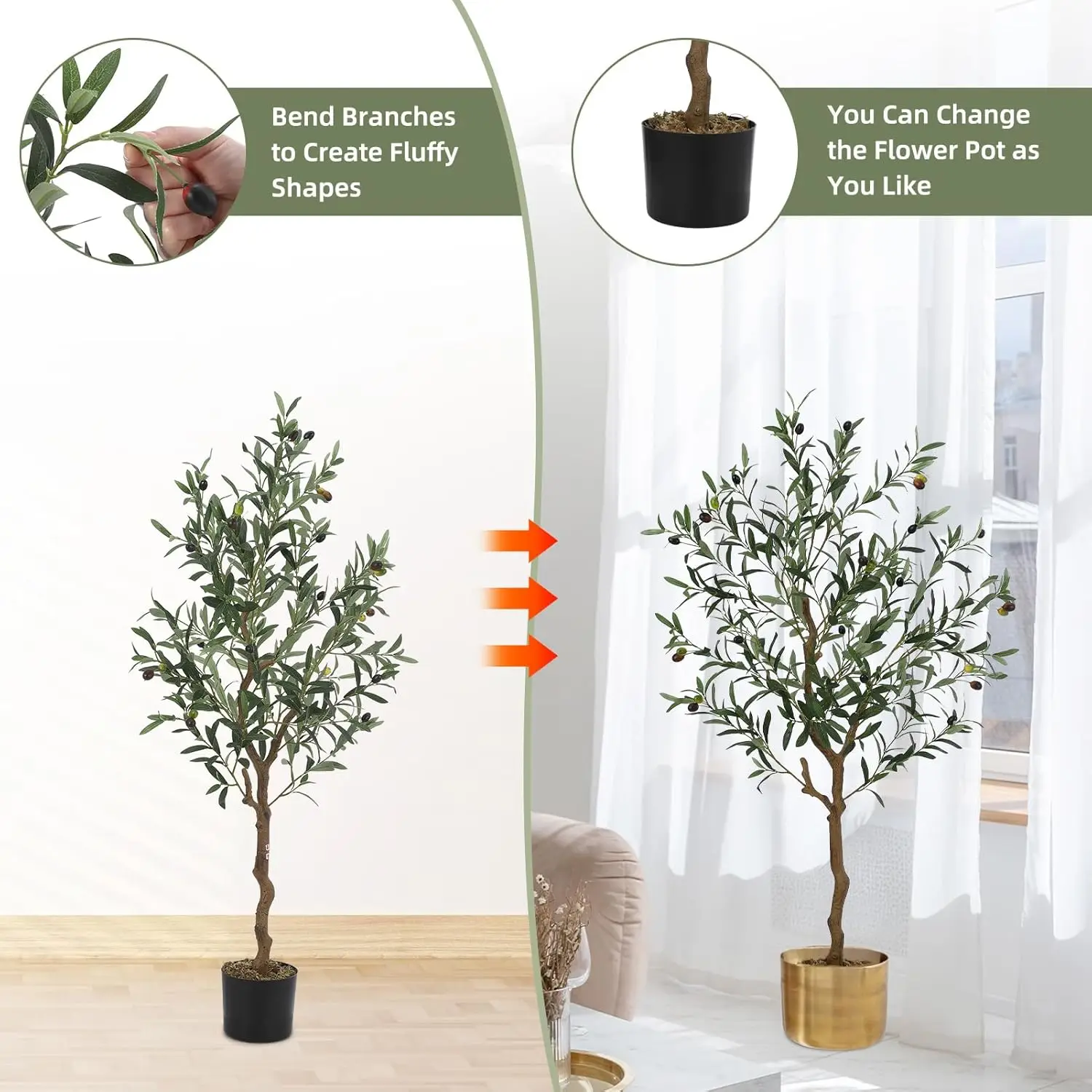 2pcs Artificial Olive Tree 120/150cm Tall Faux Silk Olive Trees Fake Potted Tree for Indoor Home Office Living Room Decor