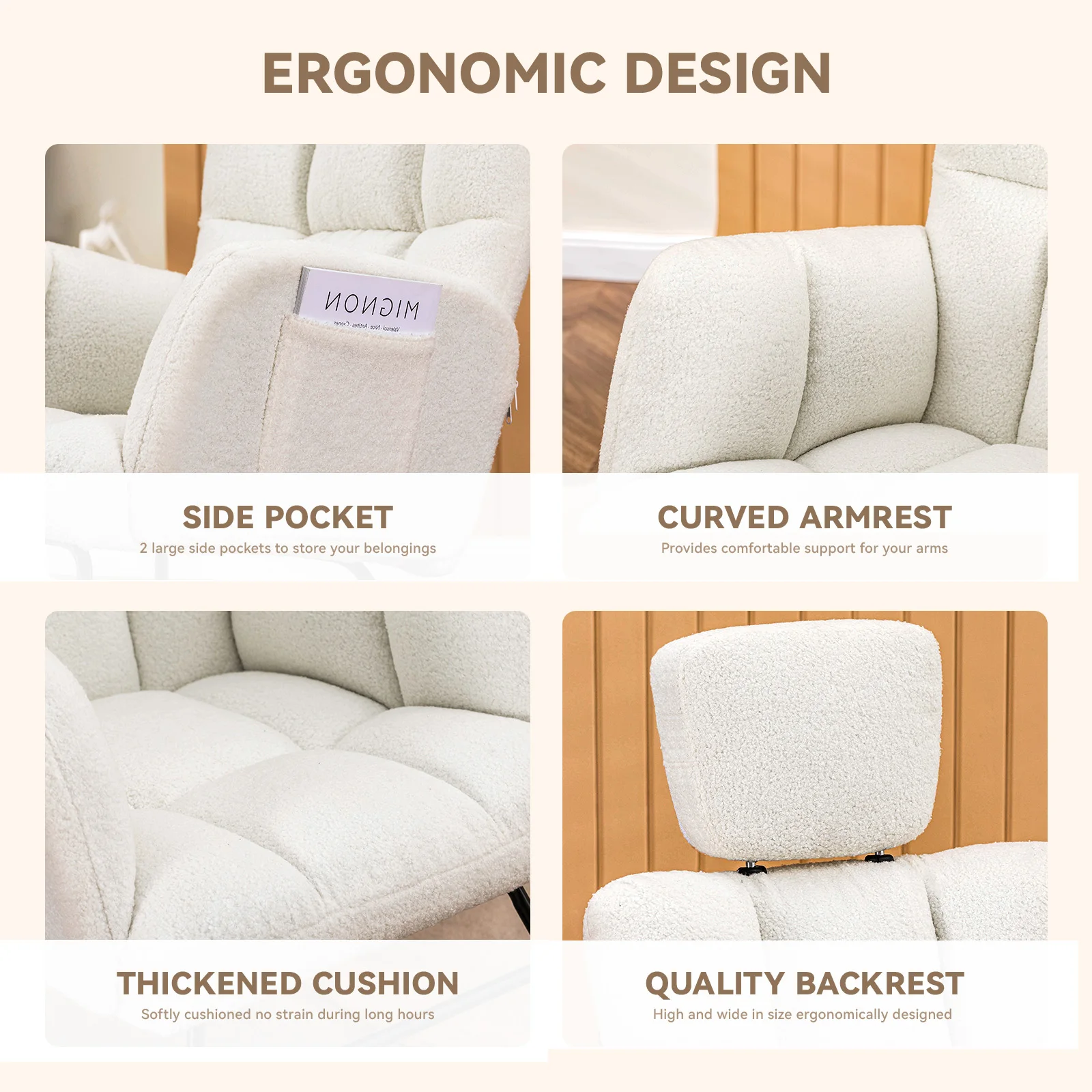 COMHOMA Rocking chair Rocking armchair with Armrests Headrest, Teddy Plush Swing armchair Ear armchair Sunbed Beige