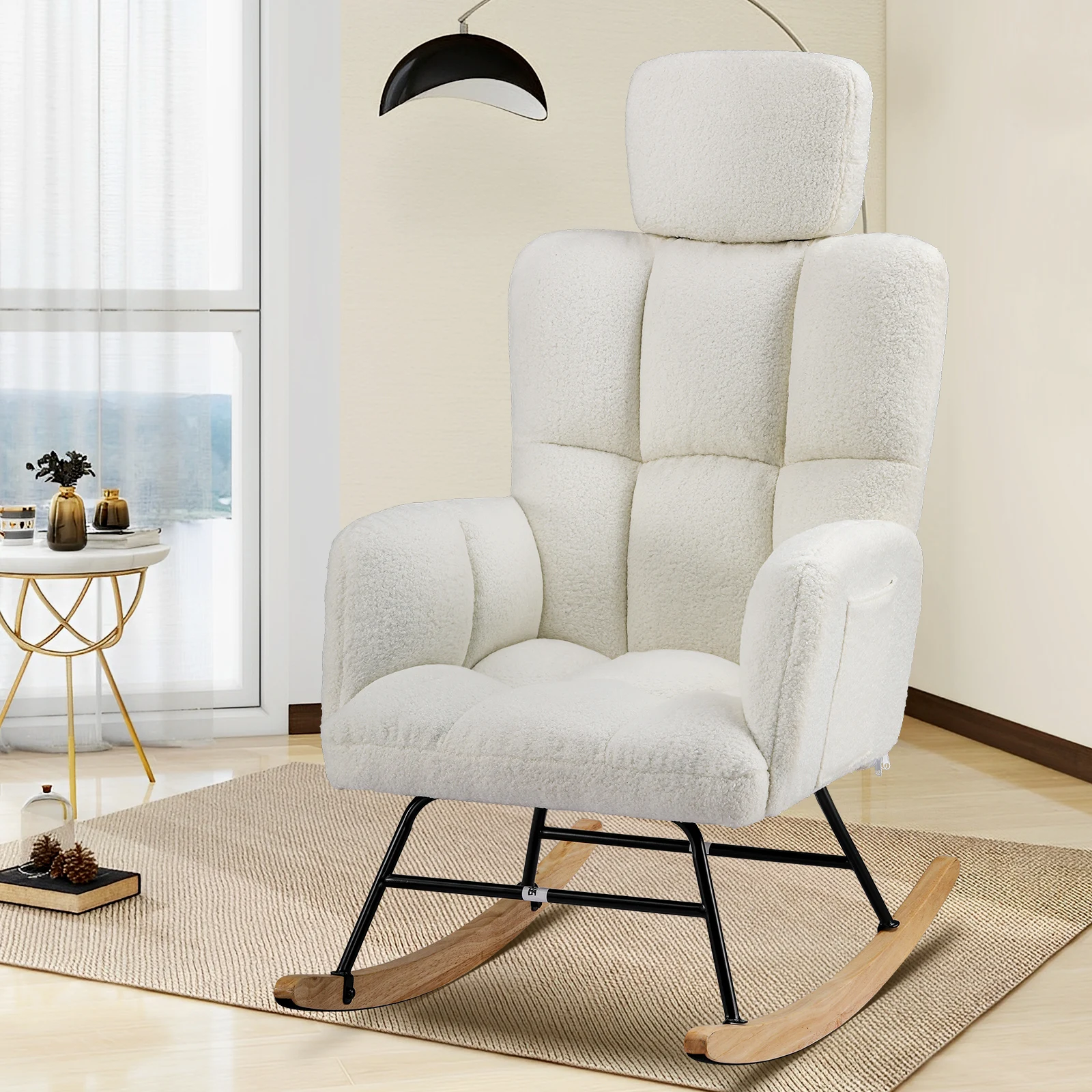 COMHOMA Rocking chair Rocking armchair with Armrests Headrest, Teddy Plush Swing armchair Ear armchair Sunbed Beige