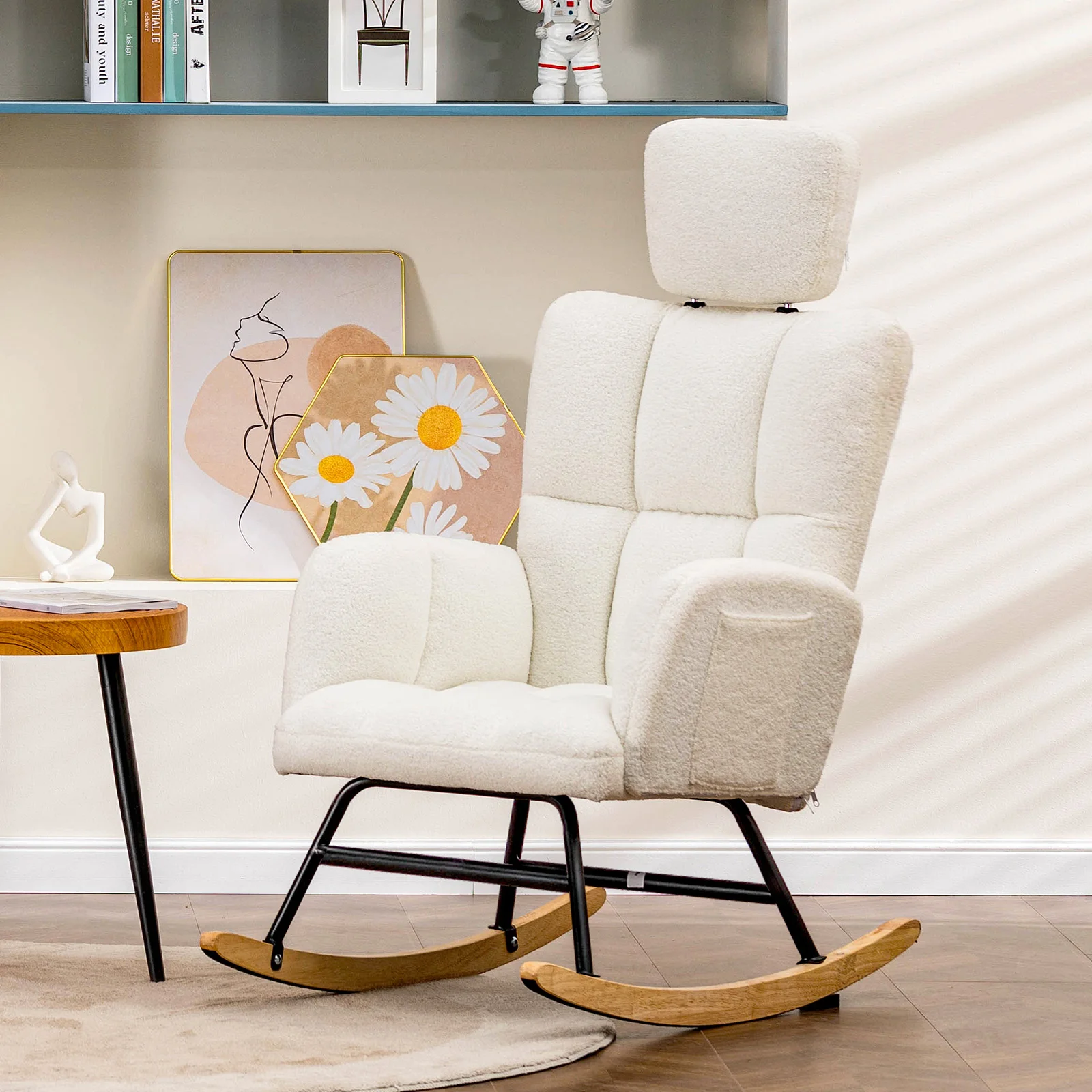 COMHOMA Rocking chair Rocking armchair with Armrests Headrest, Teddy Plush Swing armchair Ear armchair Sunbed Beige