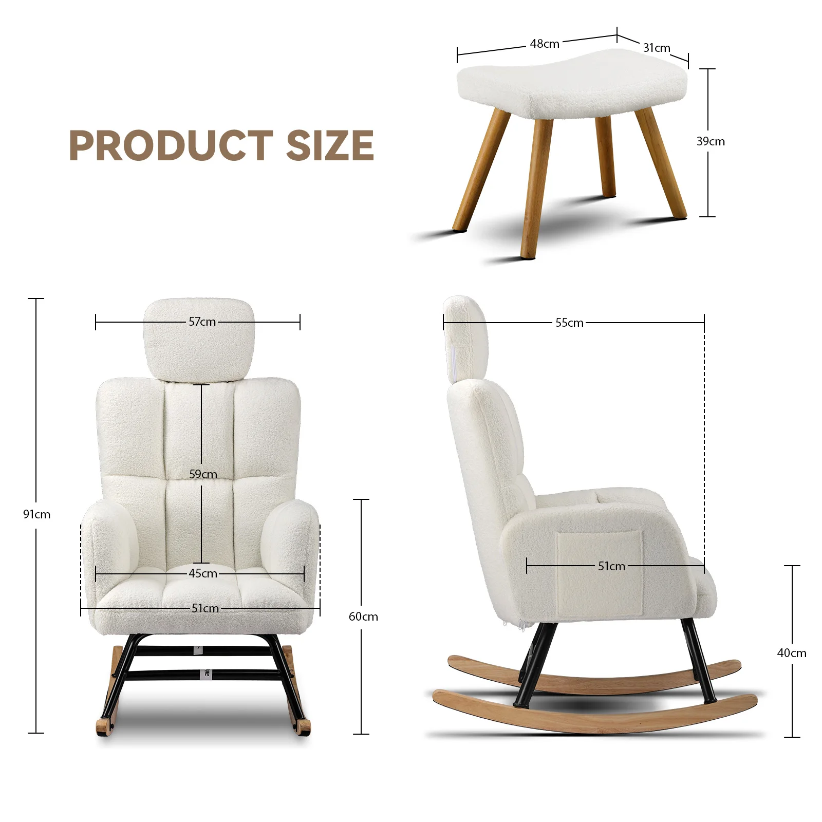 COMHOMA Rocking chair Rocking armchair with Armrests Headrest, Teddy Plush Swing armchair Ear armchair Sunbed Beige