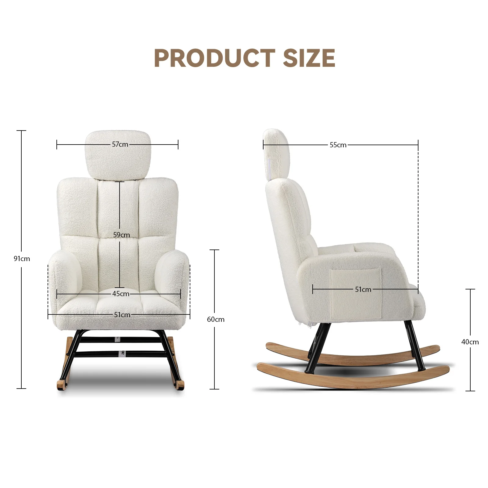COMHOMA Rocking chair Rocking armchair with Armrests Headrest, Teddy Plush Swing armchair Ear armchair Sunbed Beige