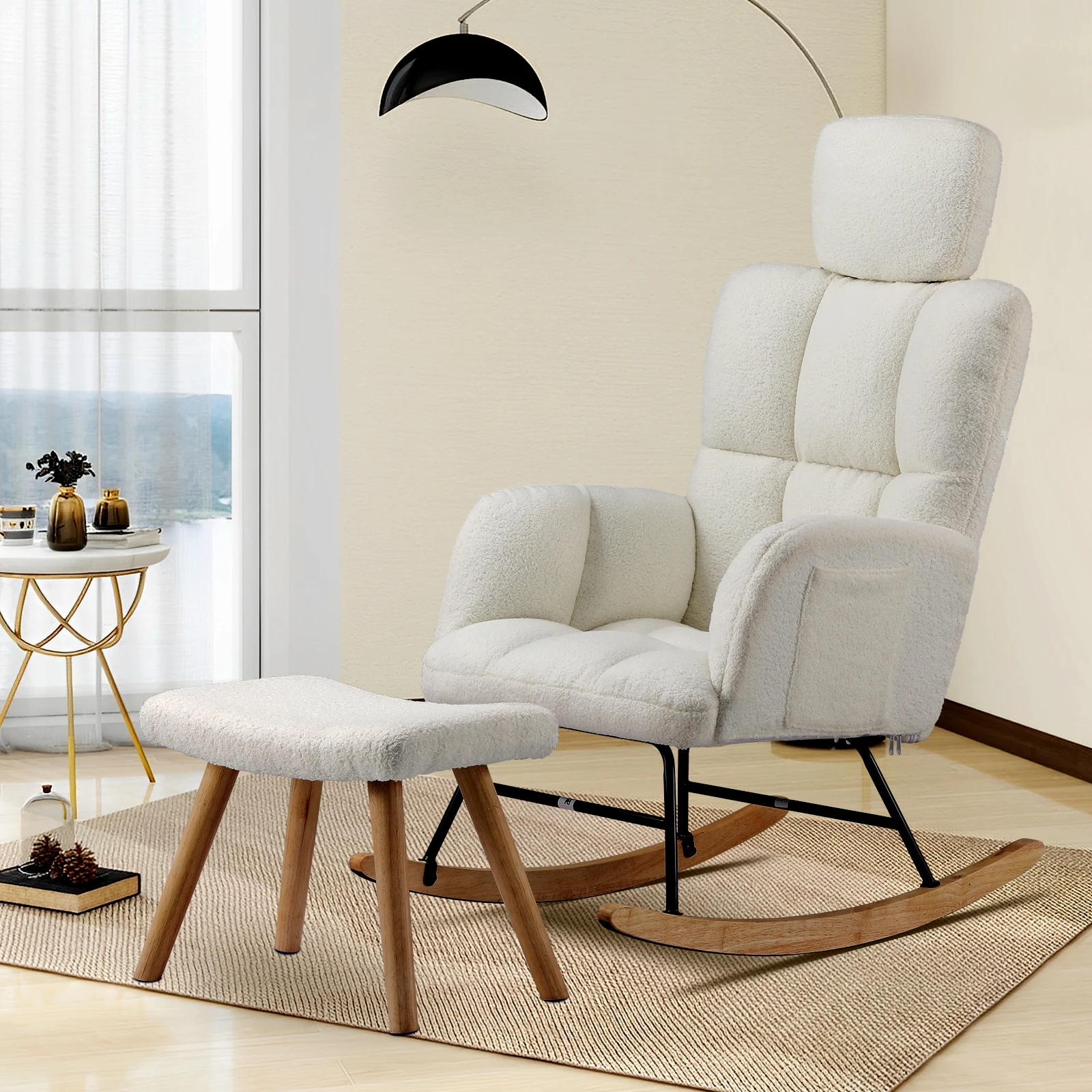 COMHOMA Rocking chair Rocking armchair with Armrests Headrest, Teddy Plush Swing armchair Ear armchair Sunbed Beige