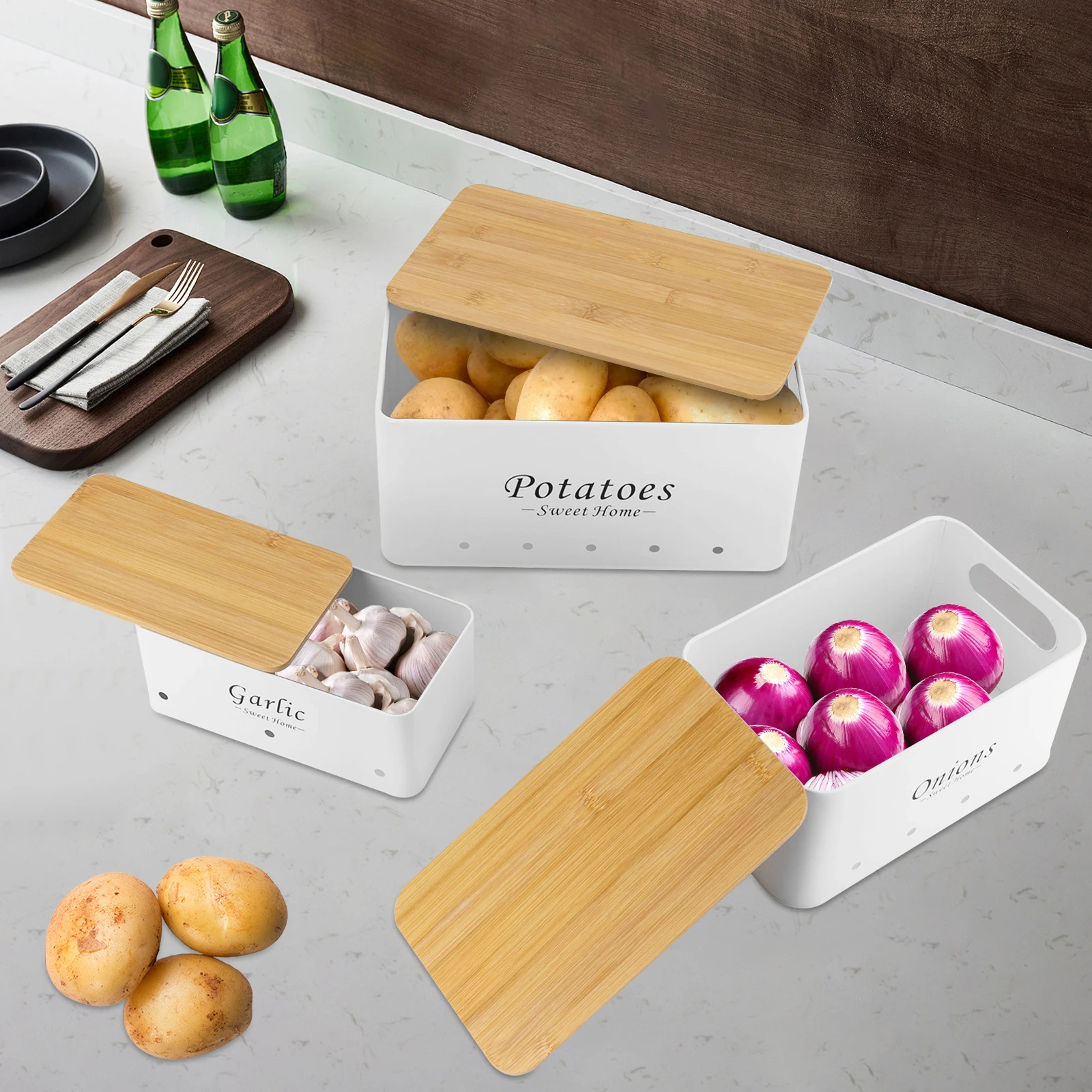 3PCS Storage Container Sets, Storage Box Onions/Potato/Garlic Organizer with Bamboo Lids, Ventilated Metal Boxes