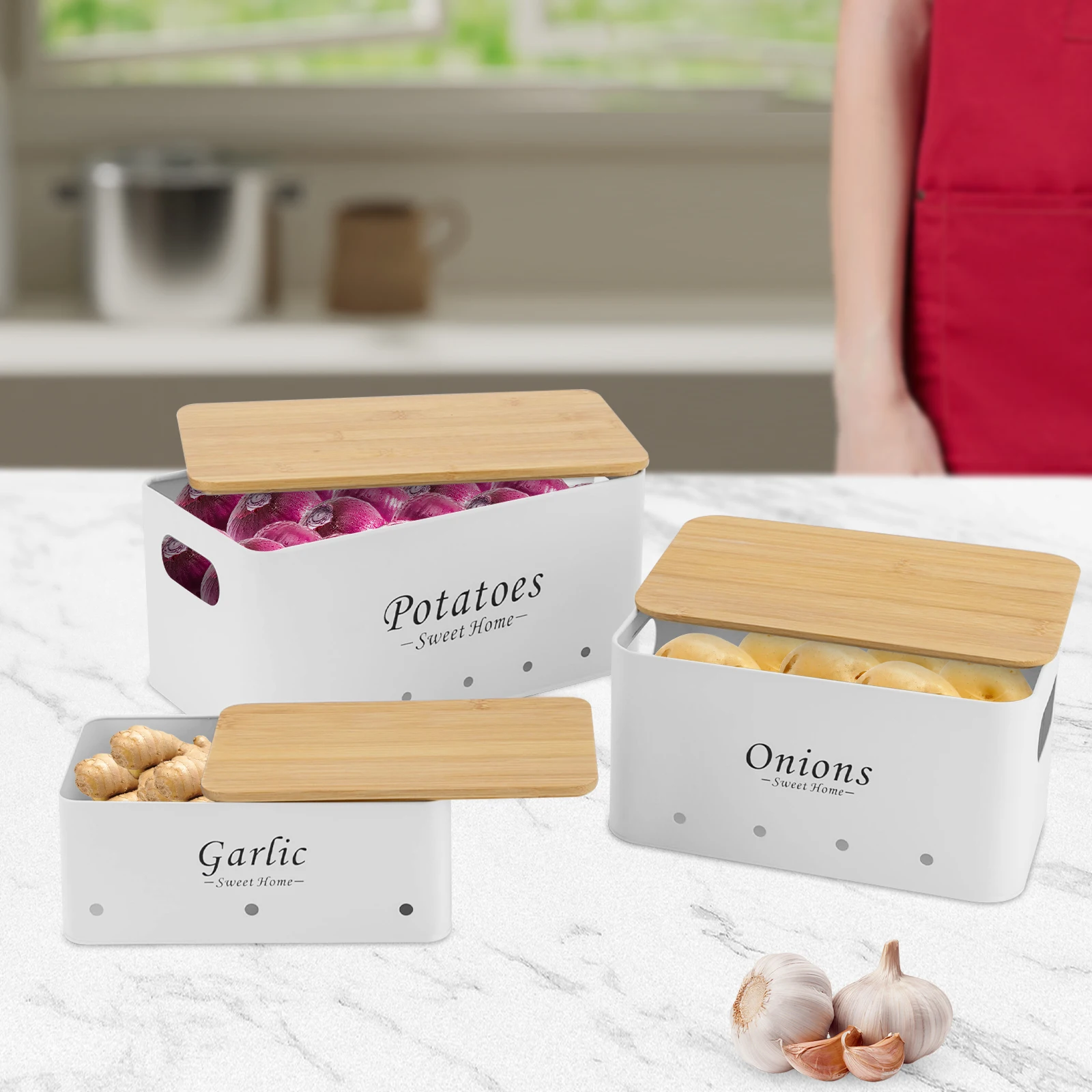 3PCS Storage Container Sets, Storage Box Onions/Potato/Garlic Organizer with Bamboo Lids, Ventilated Metal Boxes