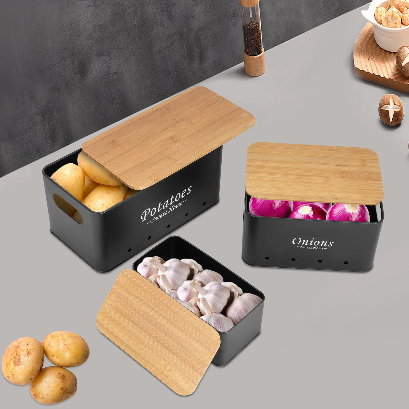 3PCS Storage Container Sets, Storage Box Onions/Potato/Garlic Organizer with Bamboo Lids, Ventilated Metal Boxes