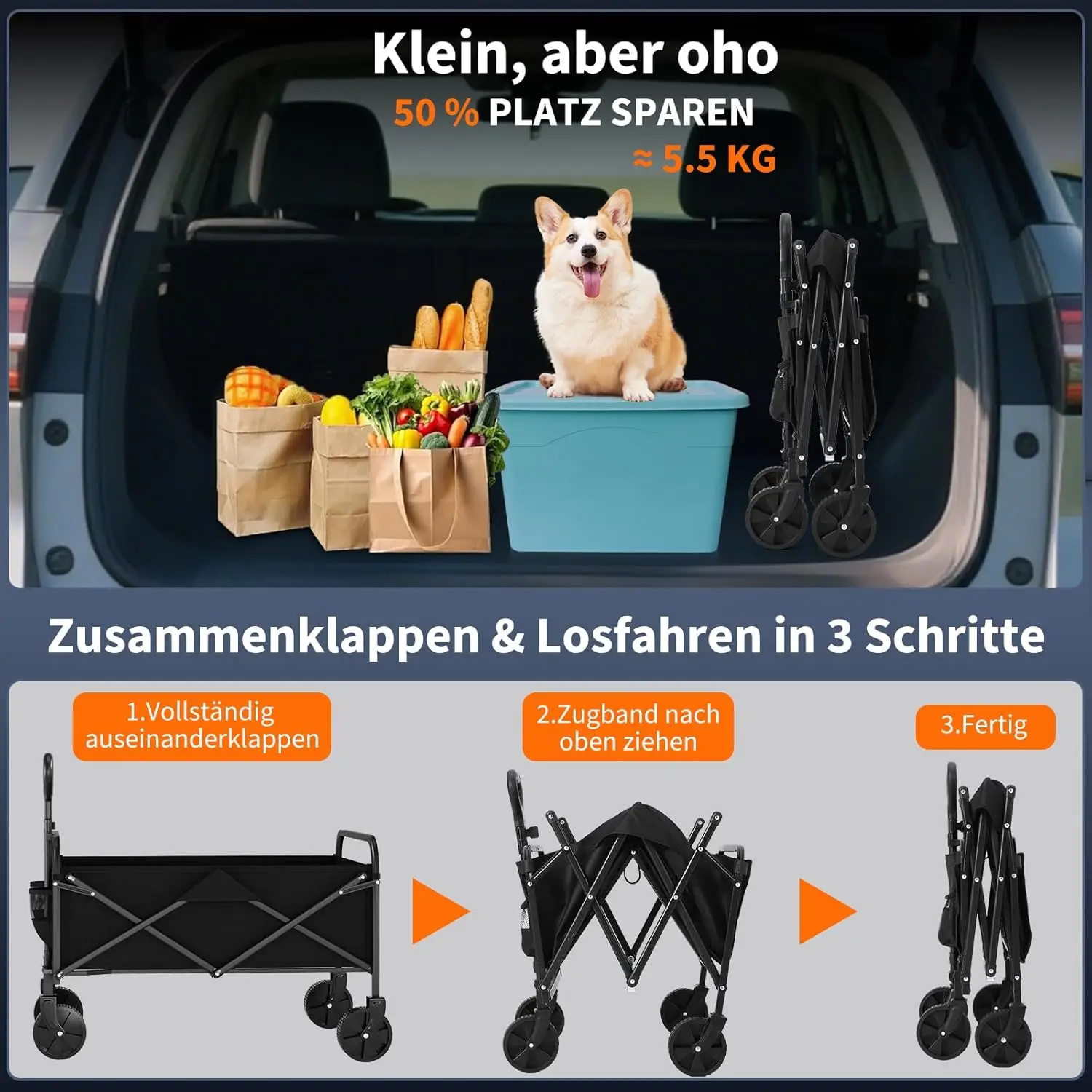Collapsible Beach Wagon Beach 50L Foldable Wagon Cart with 50 kg Weight Capacity Heavy Duty Utility Garden Cart