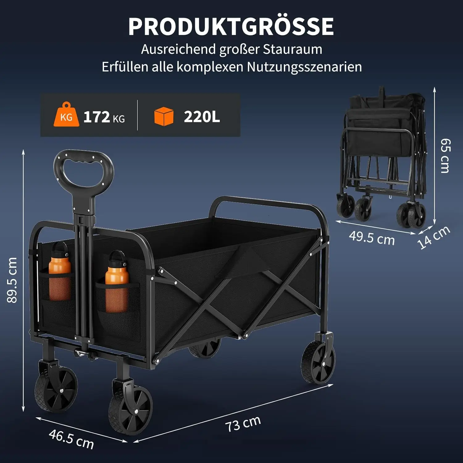 Collapsible Beach Wagon Beach 50L Foldable Wagon Cart with 50 kg Weight Capacity Heavy Duty Utility Garden Cart
