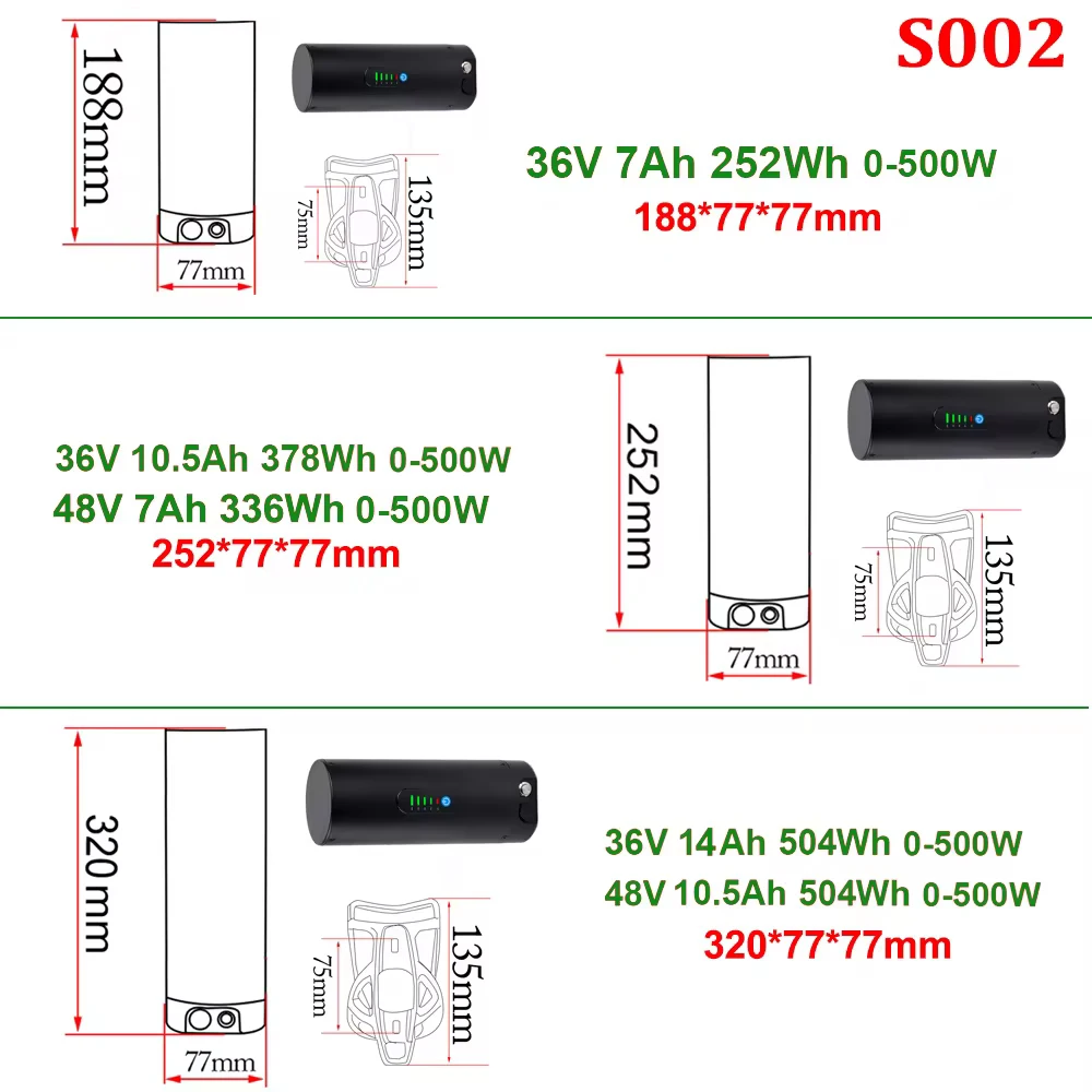 Bottle EBike Battery Pack 36V 10.5Ah 48V 7Ah With Branded 18650 Li-ion Cell Pack Bafang TSDZ2 750W 500W 350W 250W Mini Batteries
