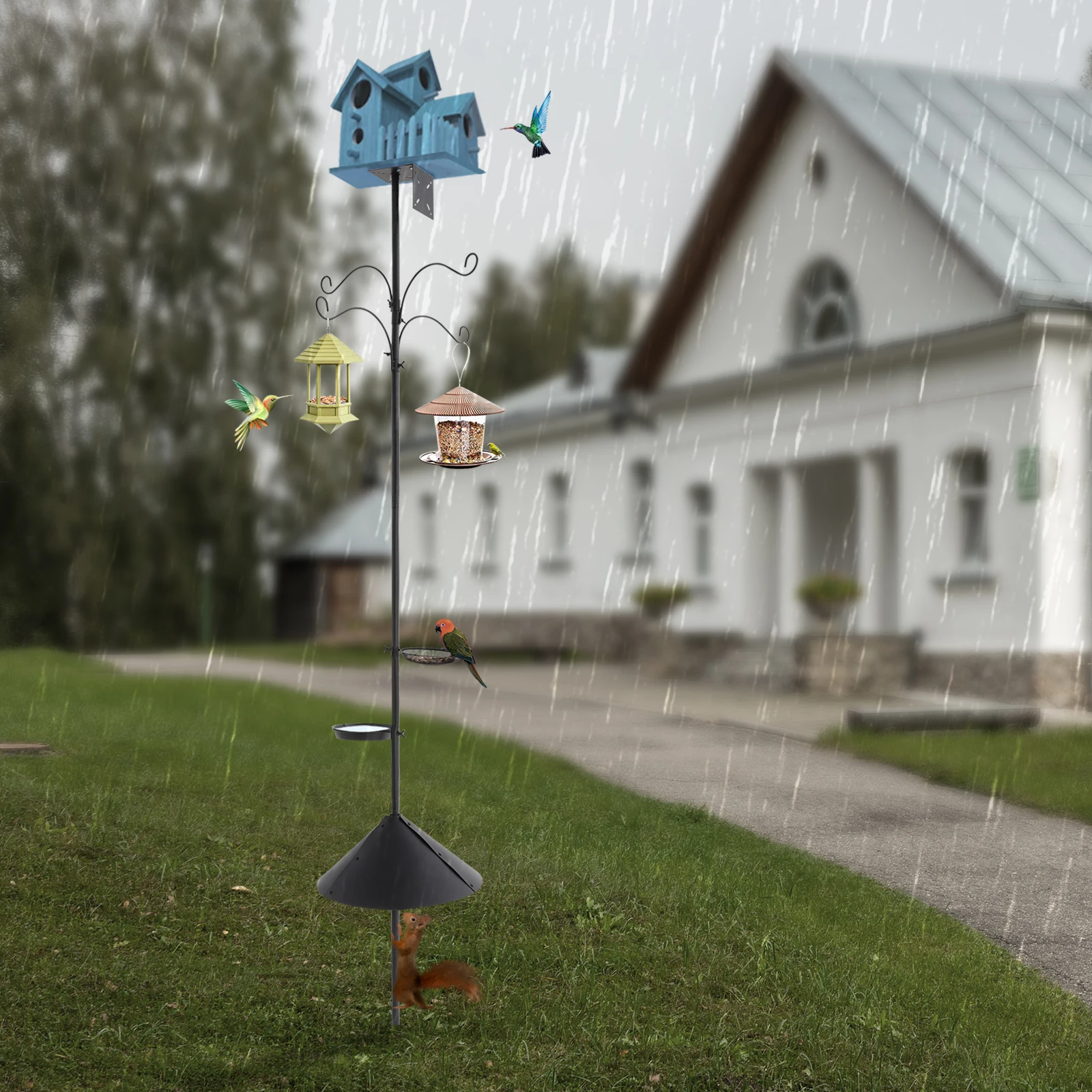 Bird Feeder Pole with 4 Hooks 2 Tray Birdhouse Pole Adjustable Height Outdoor Bird Feeder Pole with Squirrel Proof Baffle for Ga