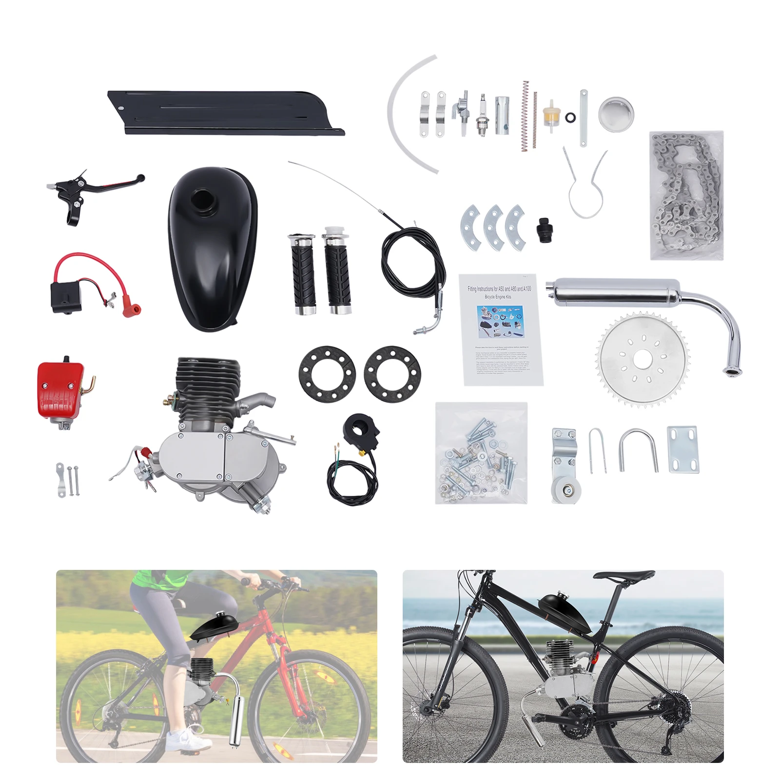 100cc 2-Stroke Bike Engine Kit Gasoline Motor w/CDI Ignition 36 Sprocket for 26/28-Inch Bicycles (Air-Cooled)