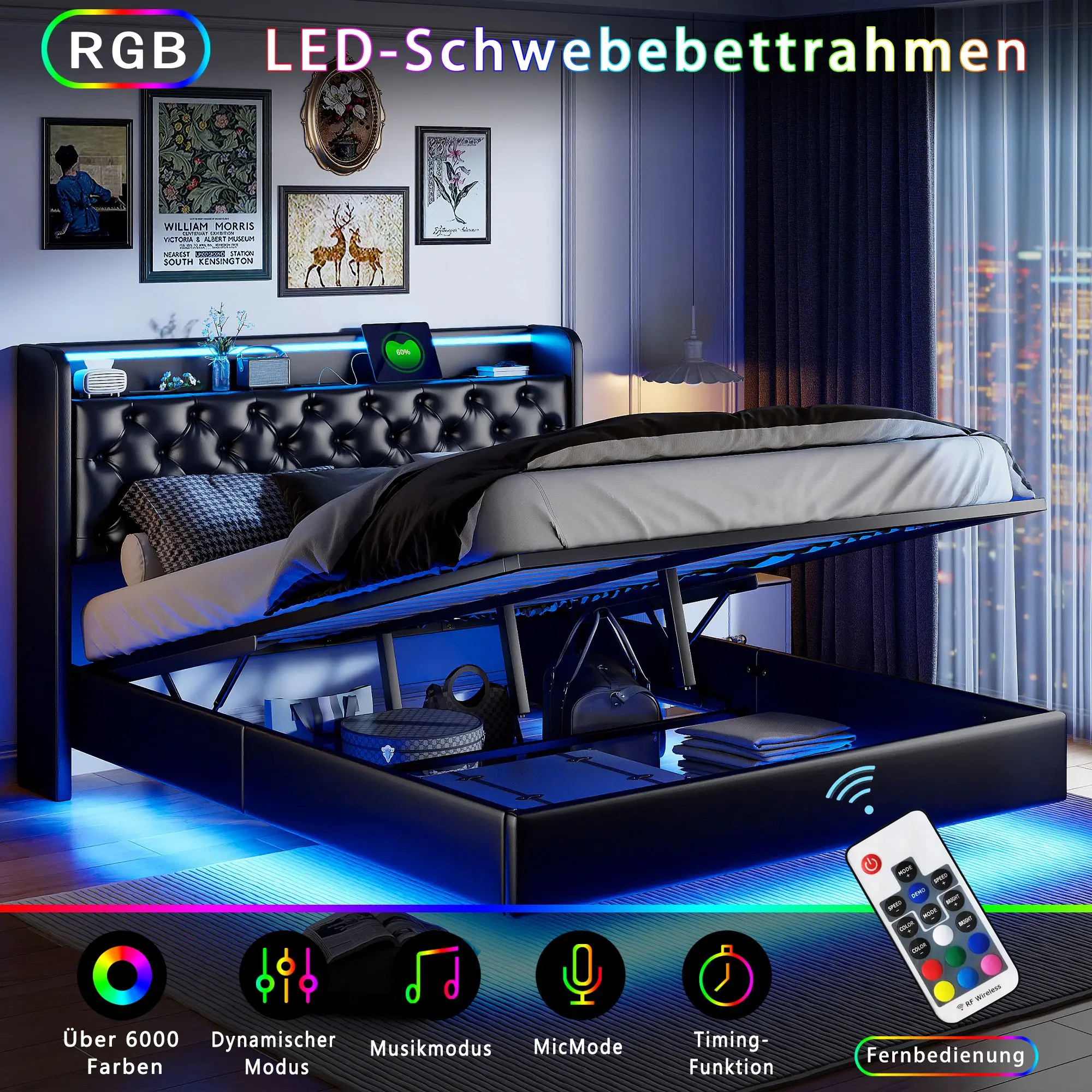 Creahappy Spring Mattress Bed, Double Bed Frame,Headboard Soft Storage with LED Lighting,Fashionable Soft Bed with Storage Space