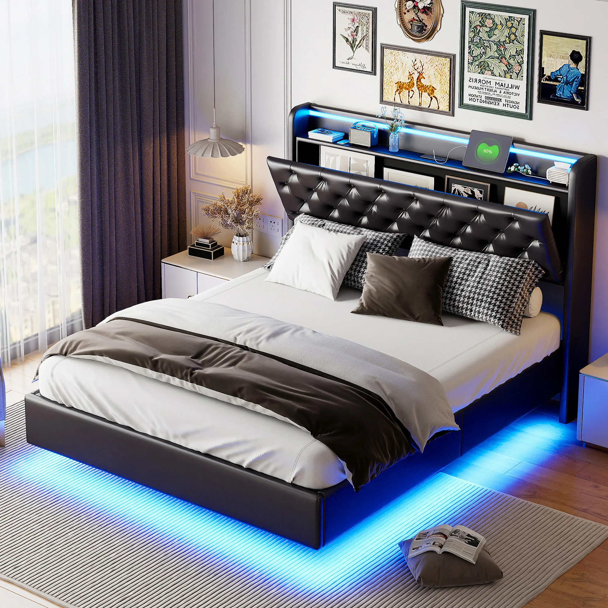 Creahappy Spring Mattress Bed, Double Bed Frame,Headboard Soft Storage with LED Lighting,Fashionable Soft Bed with Storage Space