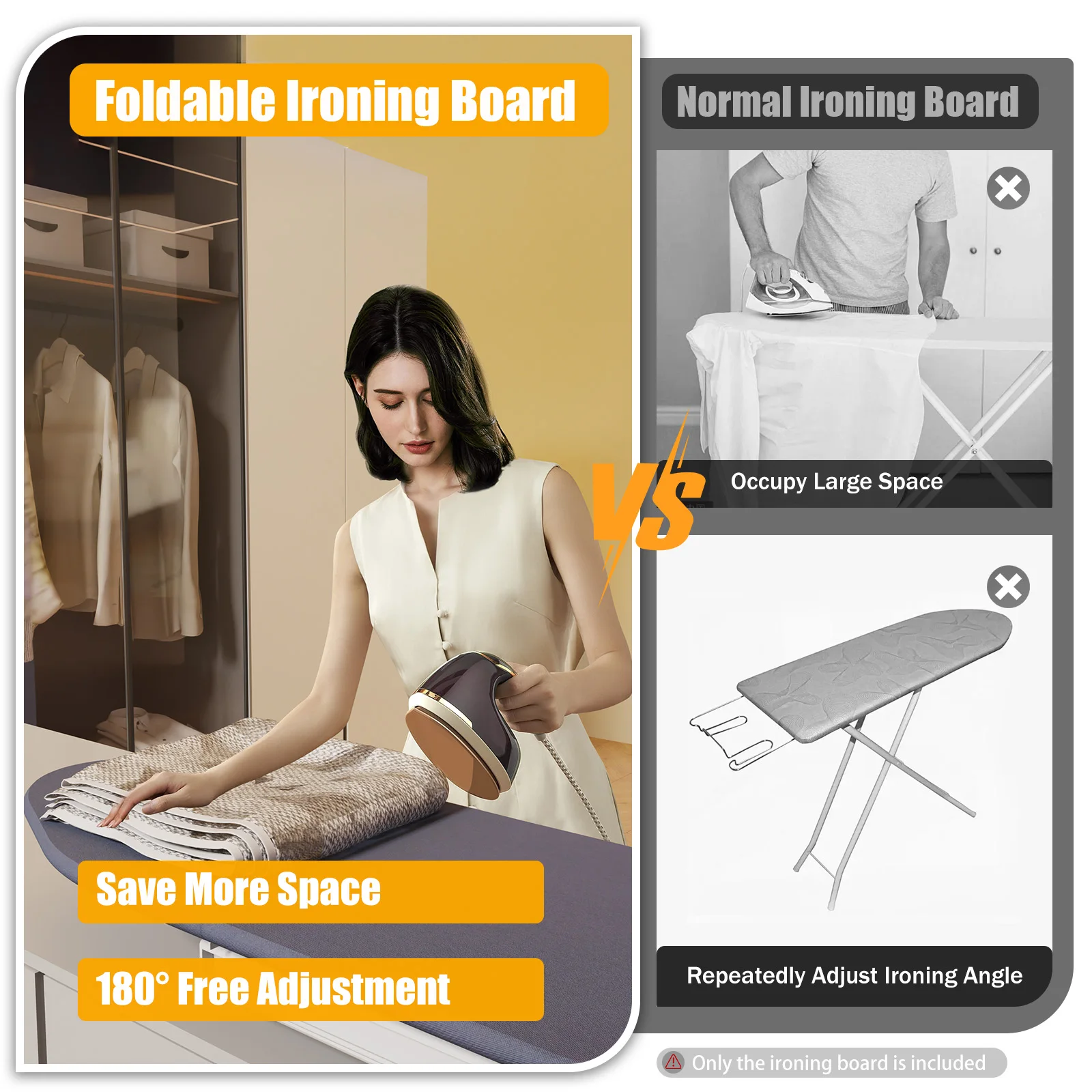 180° Extendable ,Folding Table Ironing Board, Medium Size, Cabinet Drawer in Cupboard, Storage, Removable Fabric Cover, Grey