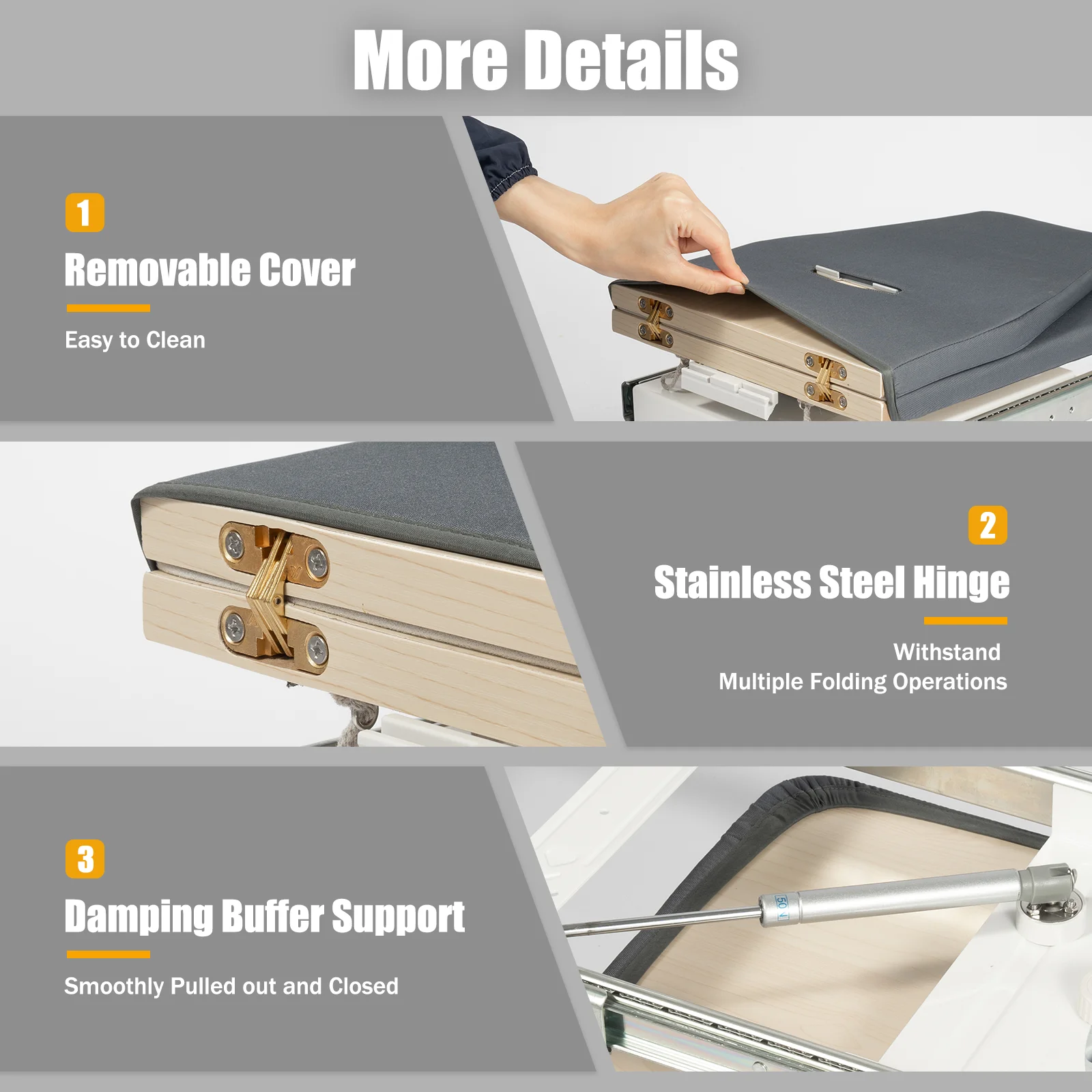 180° Extendable ,Folding Table Ironing Board, Medium Size, Cabinet Drawer in Cupboard, Storage, Removable Fabric Cover, Grey