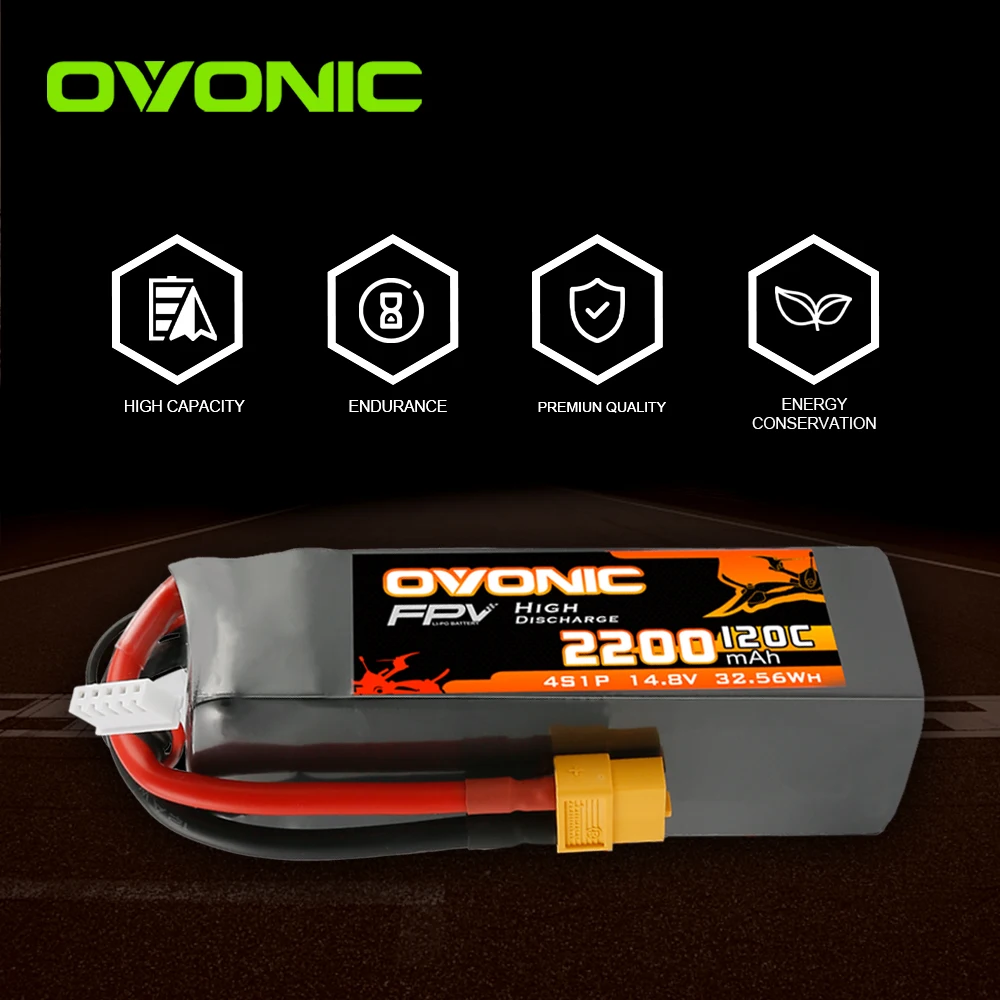Ovonic 120C 4S 2200mAh 14.8V High-Rate LiPo Battery with XT60 Connector for RC FPV Racing Drone/Heli/Car 2 Pack