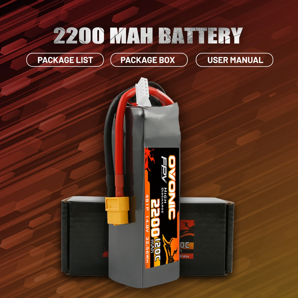 Ovonic 120C 4S 2200mAh 14.8V High-Rate LiPo Battery with XT60 Connector for RC FPV Racing Drone/Heli/Car 2 Pack