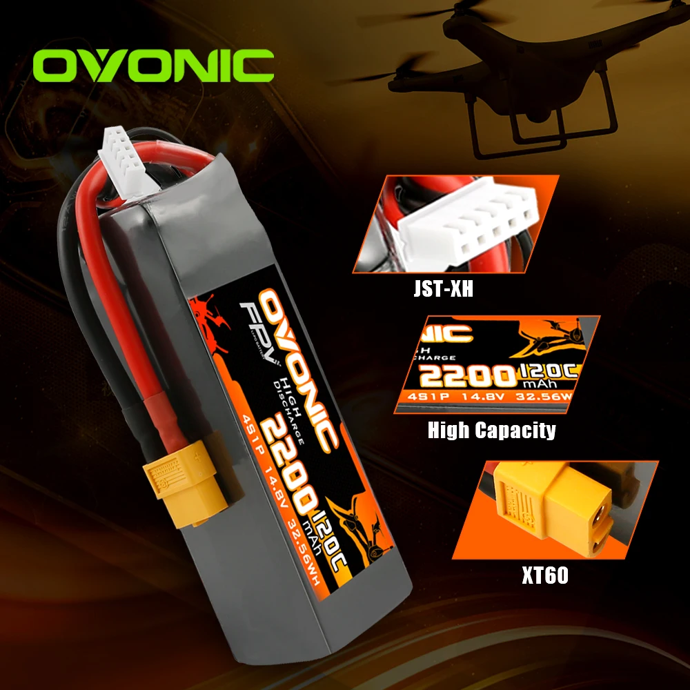 Ovonic 120C 4S 2200mAh 14.8V High-Rate LiPo Battery with XT60 Connector for RC FPV Racing Drone/Heli/Car 2 Pack