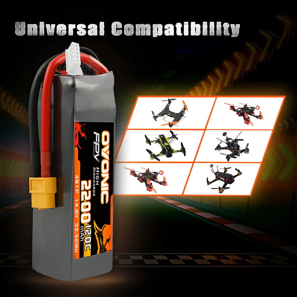 Ovonic 120C 4S 2200mAh 14.8V High-Rate LiPo Battery with XT60 Connector for RC FPV Racing Drone/Heli/Car 2 Pack