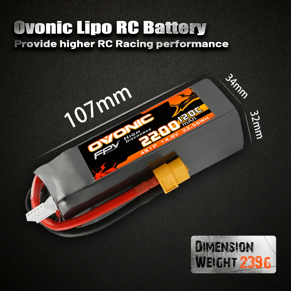 Ovonic 120C 4S 2200mAh 14.8V High-Rate LiPo Battery with XT60 Connector for RC FPV Racing Drone/Heli/Car 2 Pack