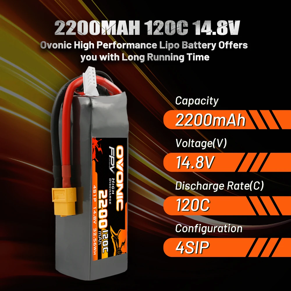 Ovonic 120C 4S 2200mAh 14.8V High-Rate LiPo Battery with XT60 Connector for RC FPV Racing Drone/Heli/Car 2 Pack