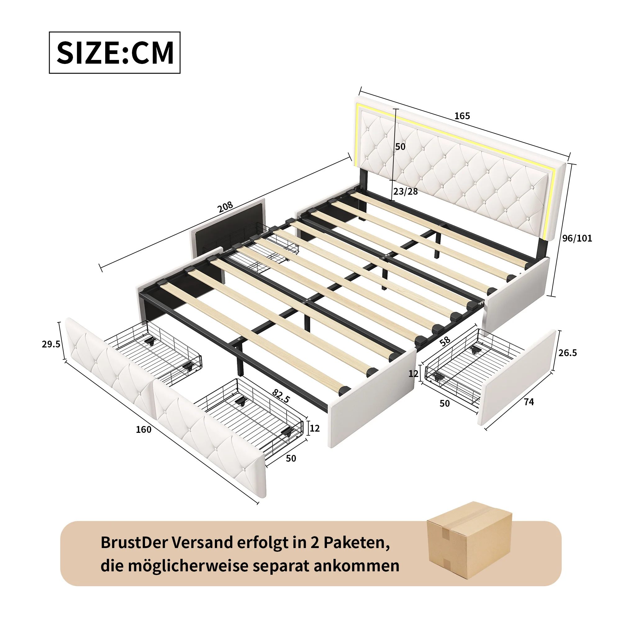ROSAHQNDA Modern faux leather bed with drawers, LED PU double bed frame with storage space, 140/160 x 200 cm, without mattress