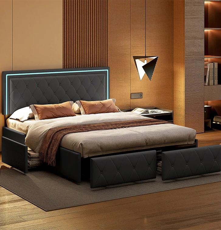 ROSAHQNDA Modern faux leather bed with drawers, LED PU double bed frame with storage space, 140/160 x 200 cm, without mattress