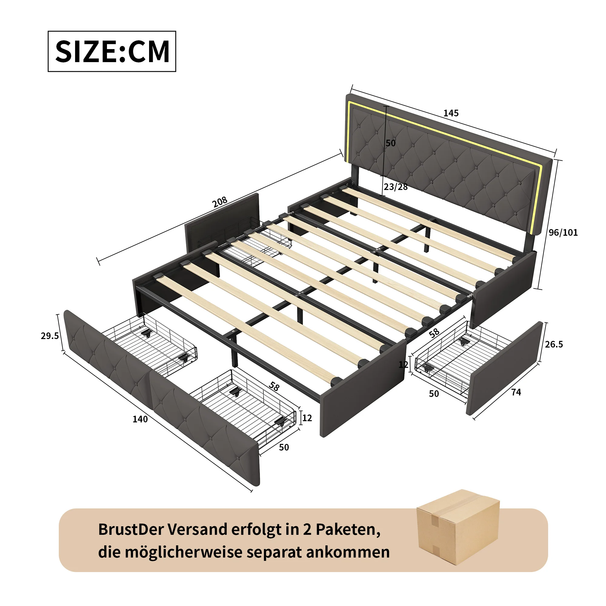ROSAHQNDA Modern faux leather bed with drawers, LED PU double bed frame with storage space, 140/160 x 200 cm, without mattress