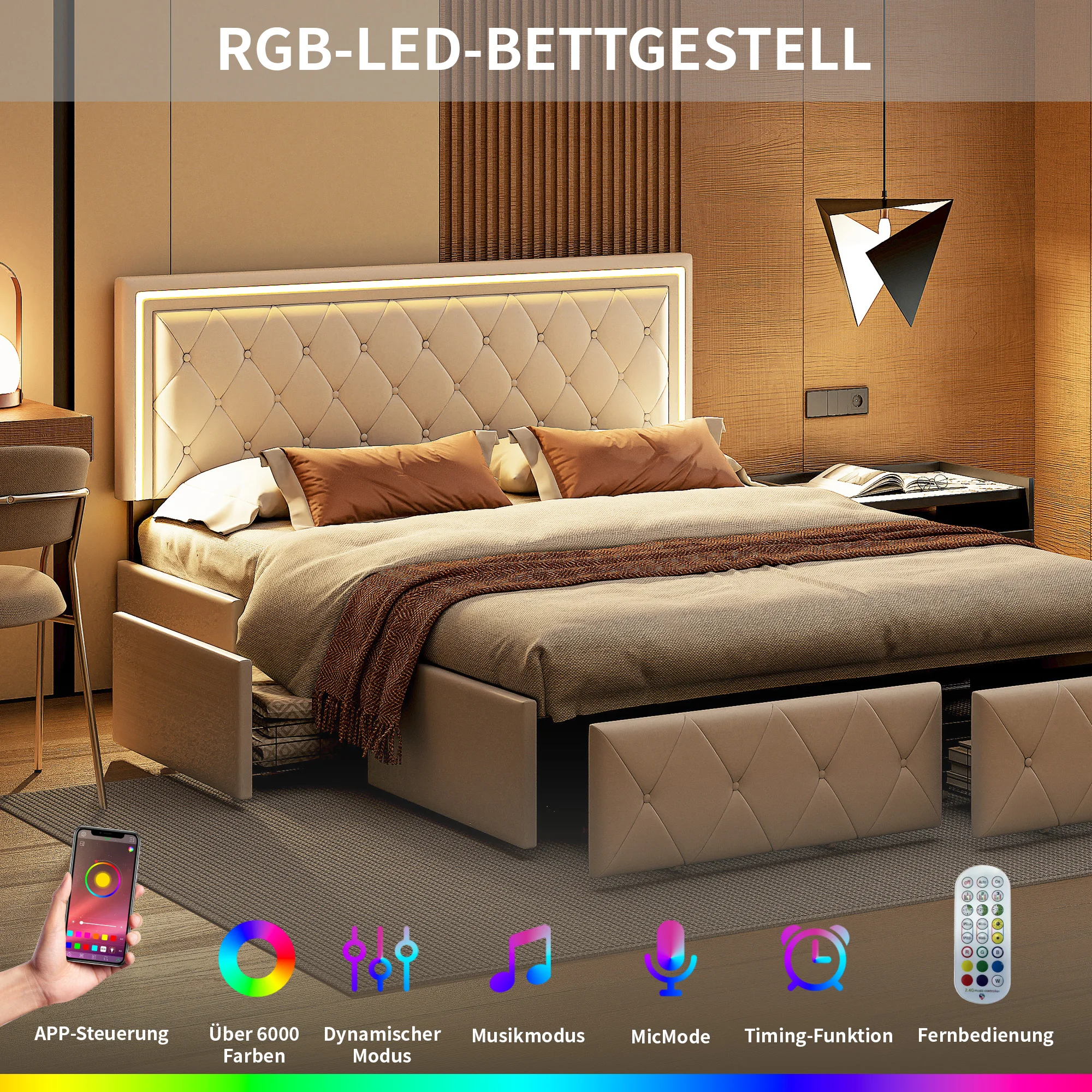 ROSAHQNDA Modern faux leather bed with drawers, LED PU double bed frame with storage space, 140/160 x 200 cm, without mattress