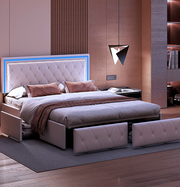 ROSAHQNDA Modern faux leather bed with drawers, LED PU double bed frame with storage space, 140/160 x 200 cm, without mattress