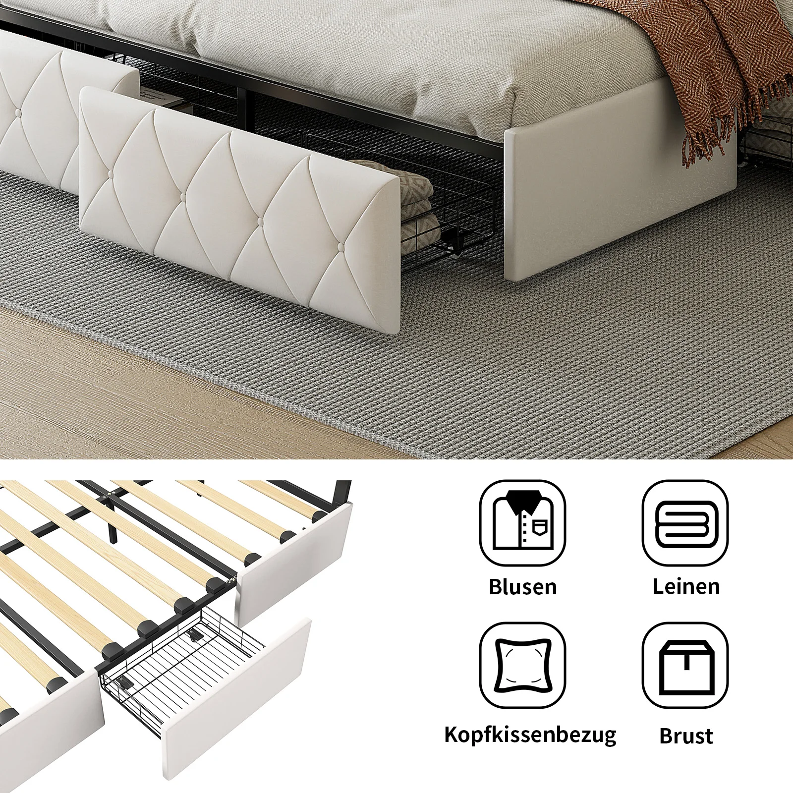 ROSAHQNDA Modern faux leather bed with drawers, LED PU double bed frame with storage space, 140/160 x 200 cm, without mattress