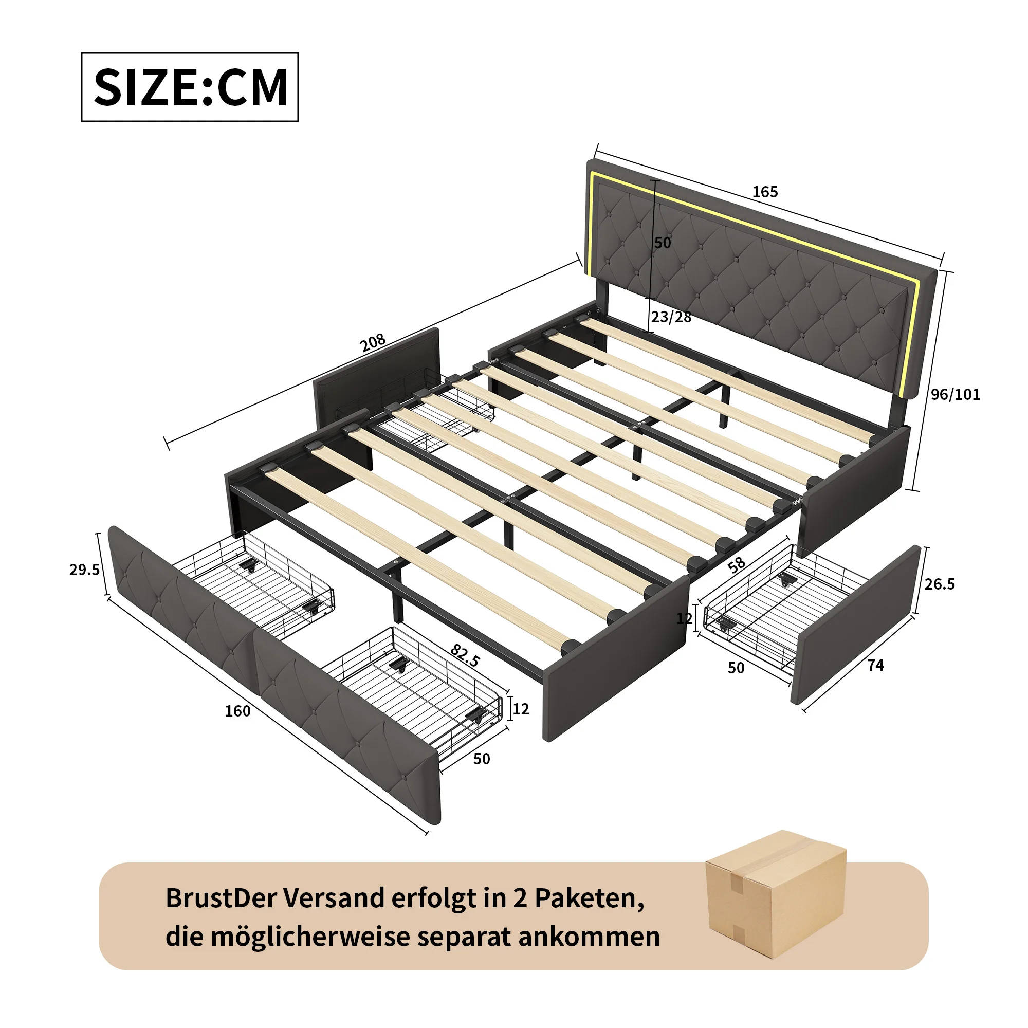 ROSAHQNDA Modern faux leather bed with drawers, LED PU double bed frame with storage space, 140/160 x 200 cm, without mattress