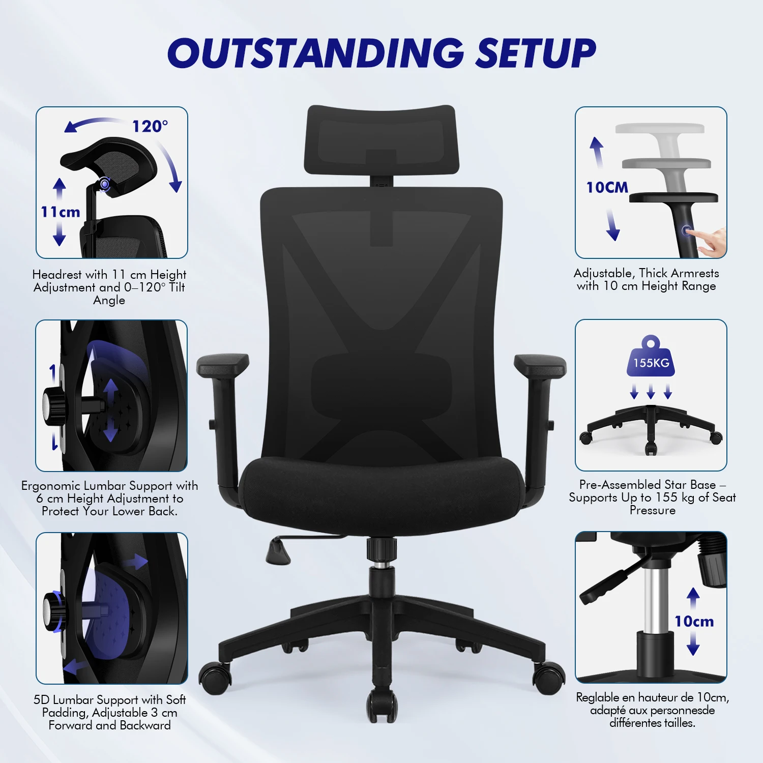 AUTHMIC Ergonomic Office Chair Mesh Back, 5D Lumbar Support, Reclining 90–135°, Adjustable Armrest & Headrest for Home Office