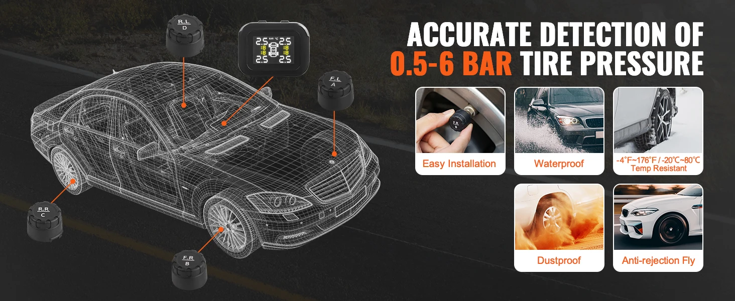 SucceBuy RV Tire Pressure Monitoring System, Universal Wireless Car Alarm System, Waterproof TPMS Sensors Set with 5 Alarm Modes