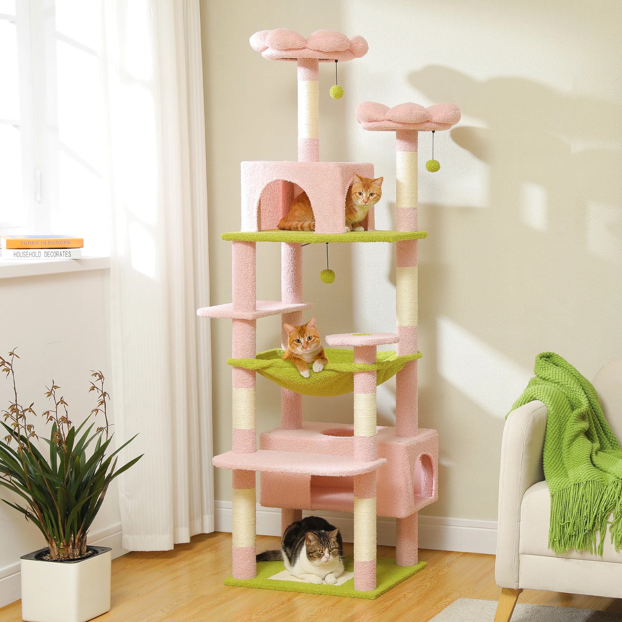Multi-Level Cat Tree Tower with Scratching Posts&Board, Hammock, Cat Condo, Spacious Top Perch,Dangling Balls for Indoor Cats