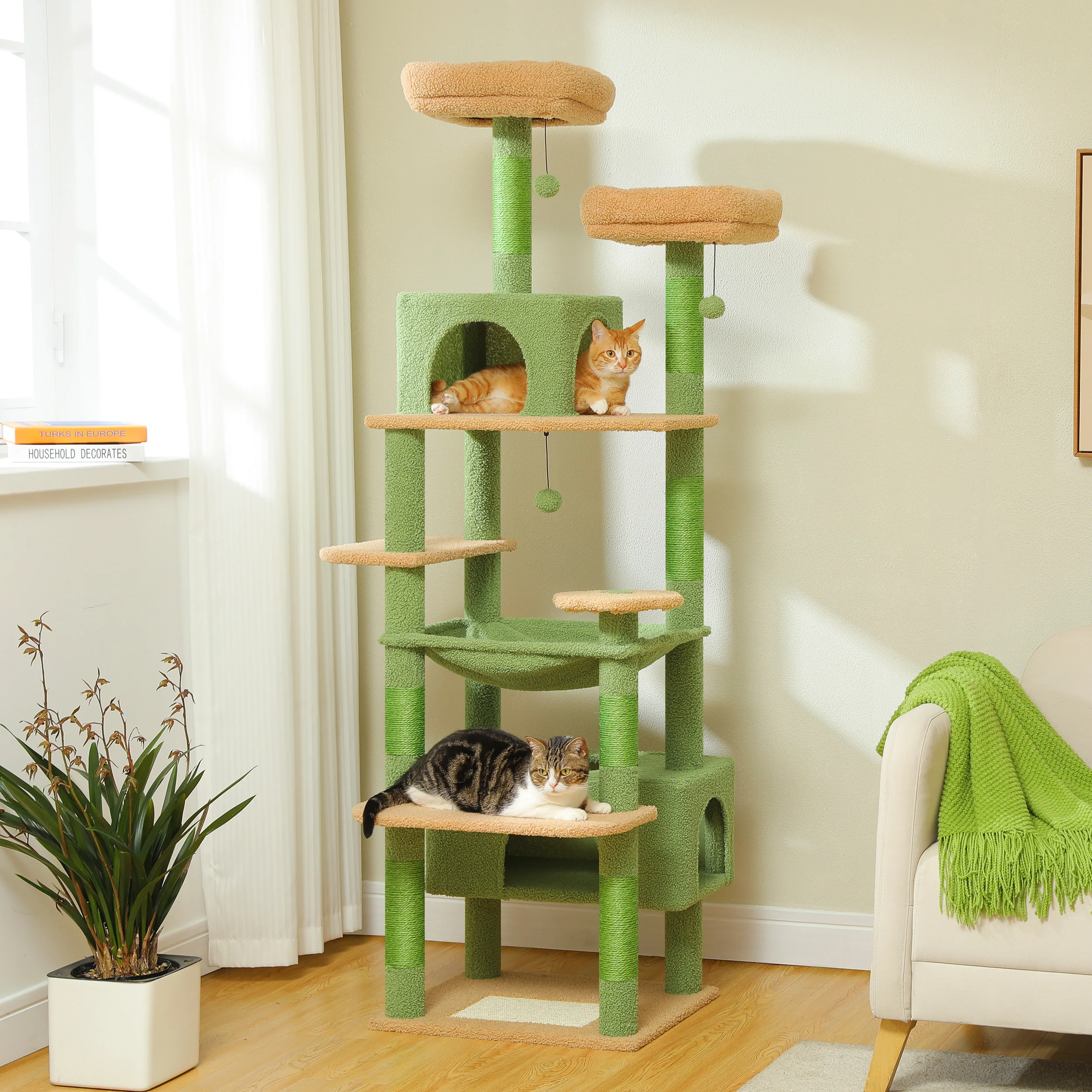 Multi-Level Cat Tree Tower with Scratching Posts&Board, Hammock, Cat Condo, Spacious Top Perch,Dangling Balls for Indoor Cats