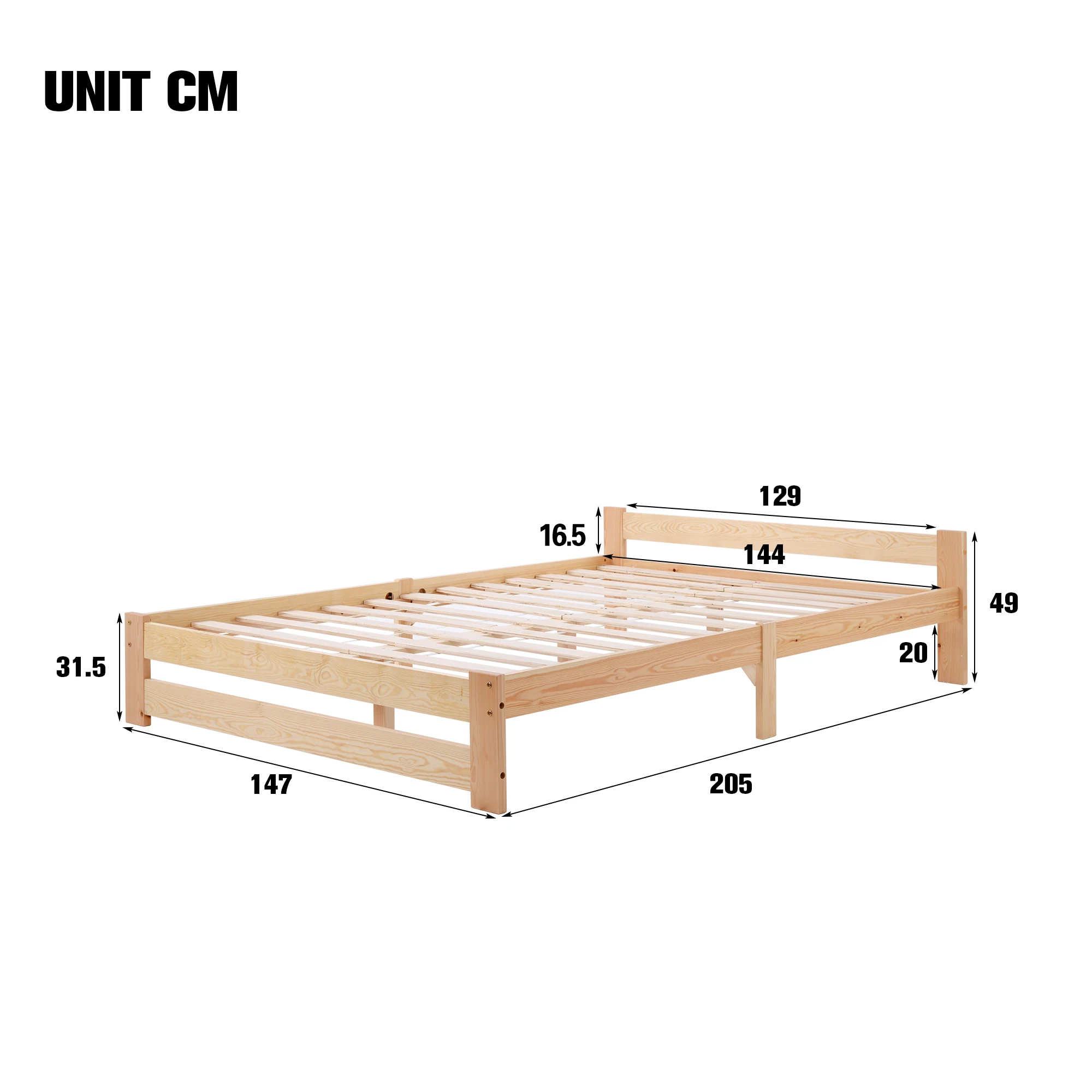 Solid solid wood bed futon bed solid wood natural bed with headboard and slatted frame, natural (200x140cm)