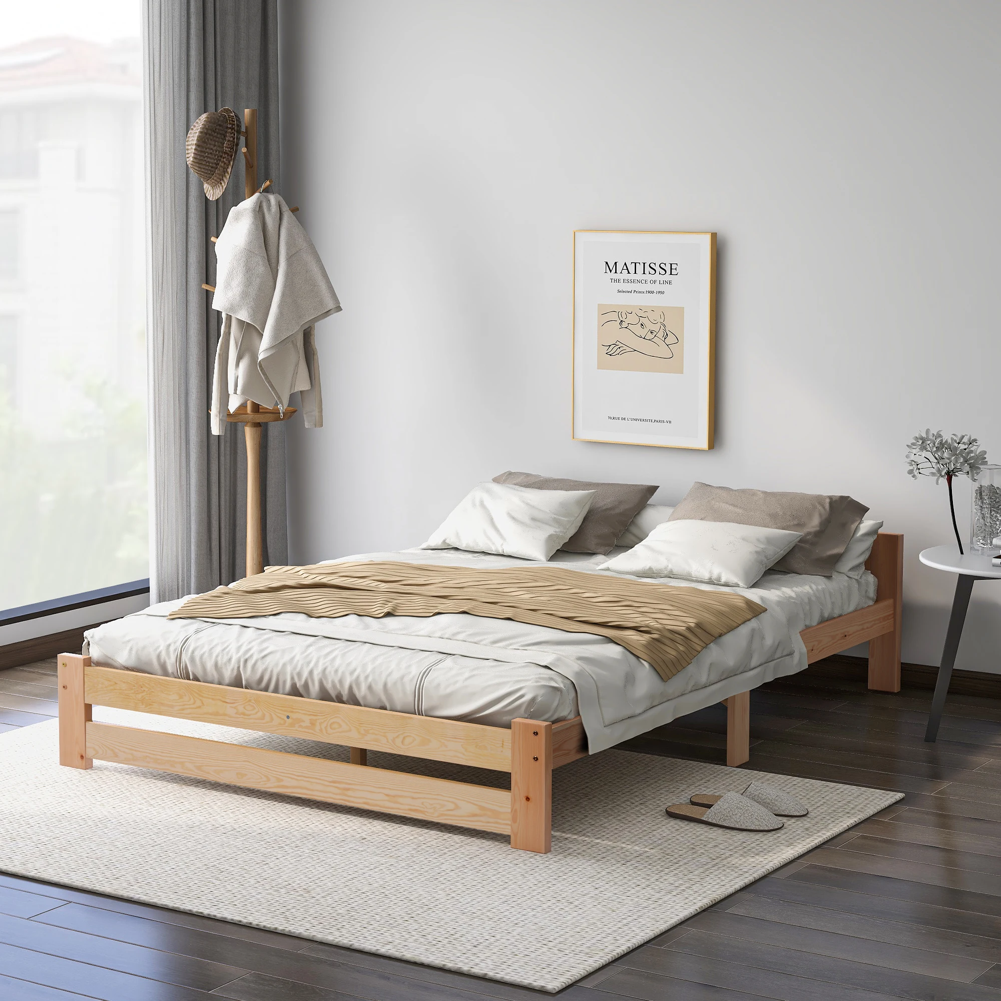 Solid solid wood bed futon bed solid wood natural bed with headboard and slatted frame, natural (200x140cm)
