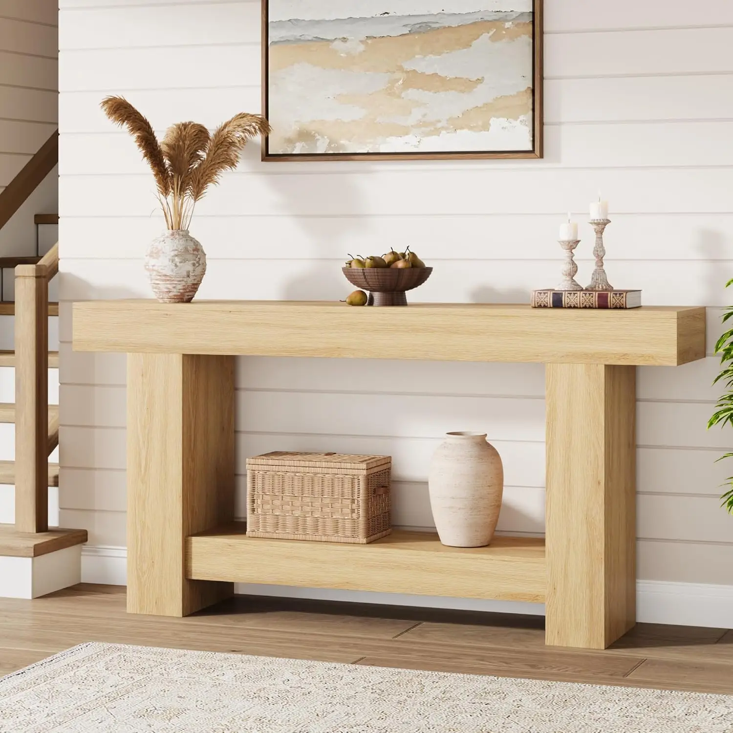 120cm/160cm Long Farmhouse Wooden Console Table 2-Tier Large Sofa Table with Storage for Living Room Entryway Entry Hallway