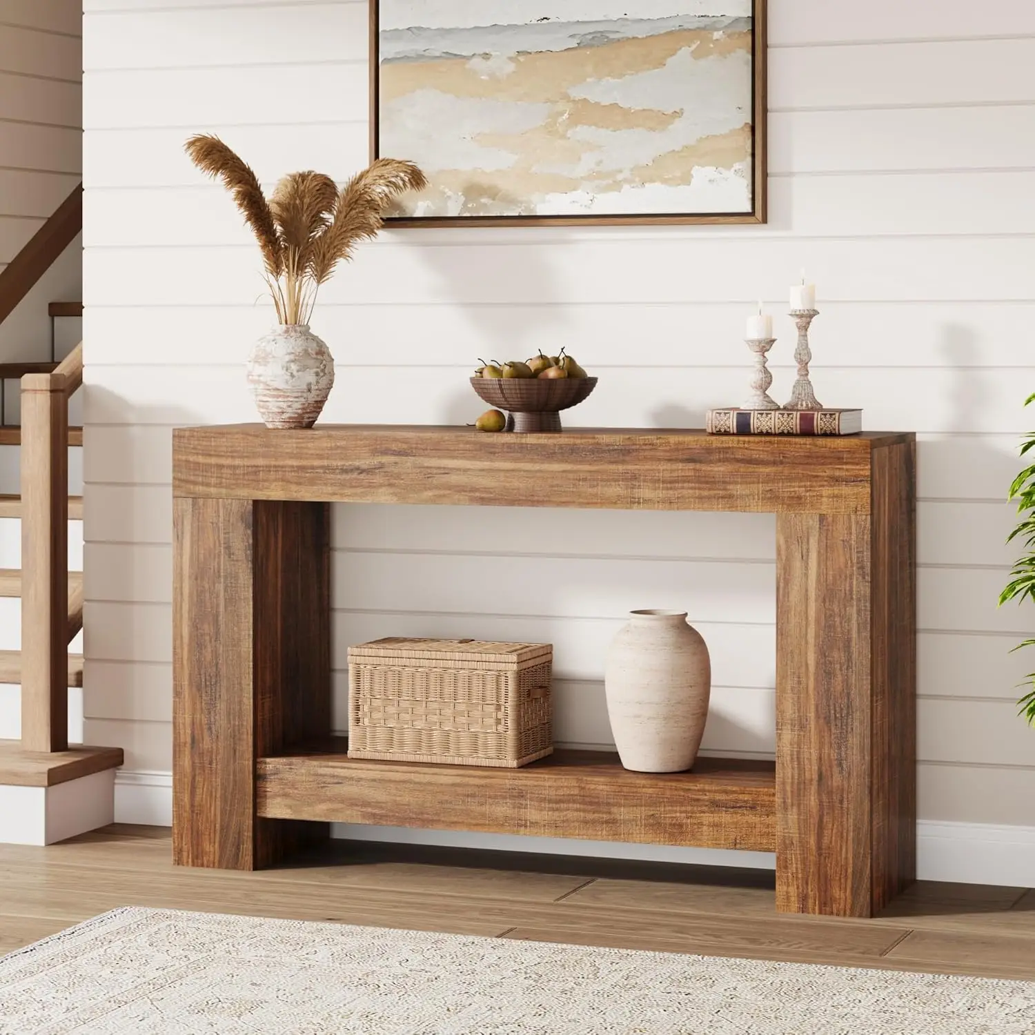 120cm/160cm Long Farmhouse Wooden Console Table 2-Tier Large Sofa Table with Storage for Living Room Entryway Entry Hallway