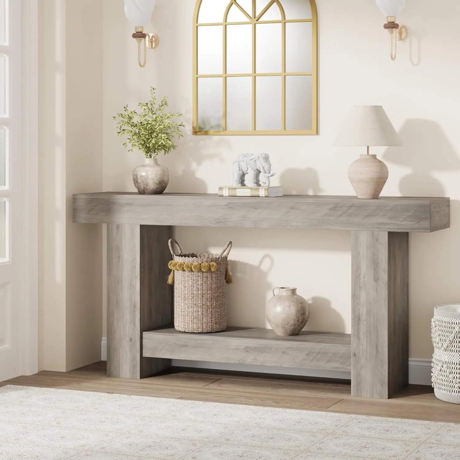 120cm/160cm Long Farmhouse Wooden Console Table 2-Tier Large Sofa Table with Storage for Living Room Entryway Entry Hallway