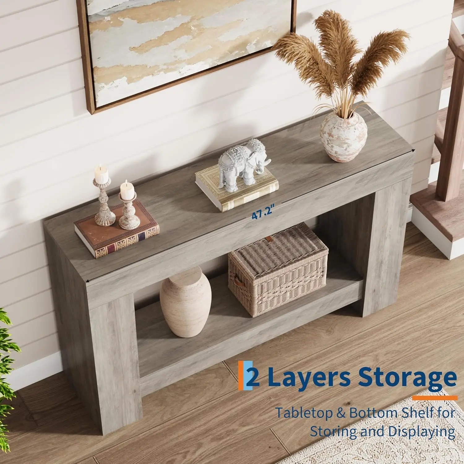 120cm/160cm Long Farmhouse Wooden Console Table 2-Tier Large Sofa Table with Storage for Living Room Entryway Entry Hallway
