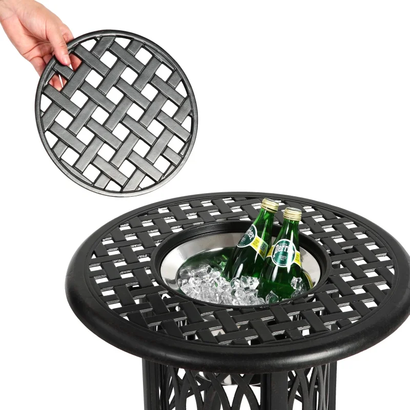 Outdoor Aluminum Table with Ice Bucket,Patio Side Table, Aluminum End Table with Adjustable Footpads, Outdoor Small Coffee Table