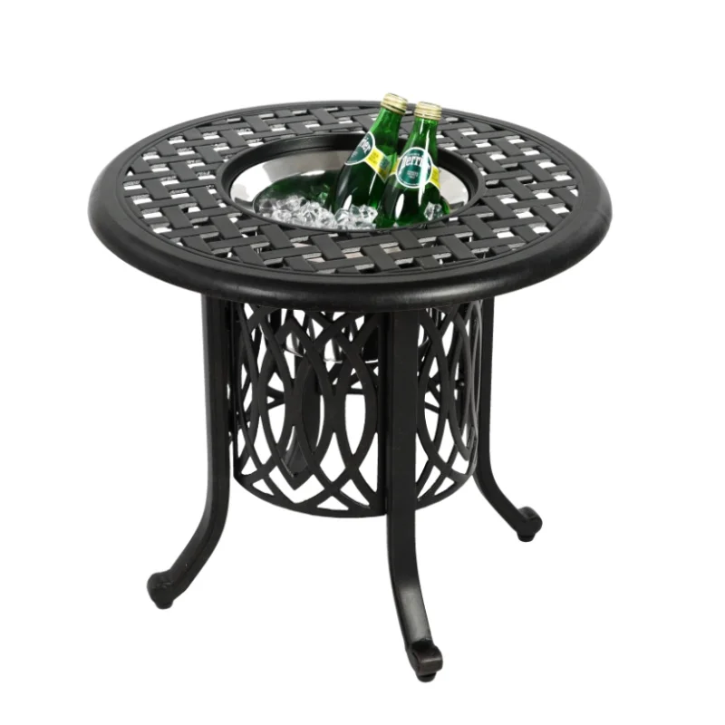 Outdoor Aluminum Table with Ice Bucket,Patio Side Table, Aluminum End Table with Adjustable Footpads, Outdoor Small Coffee Table