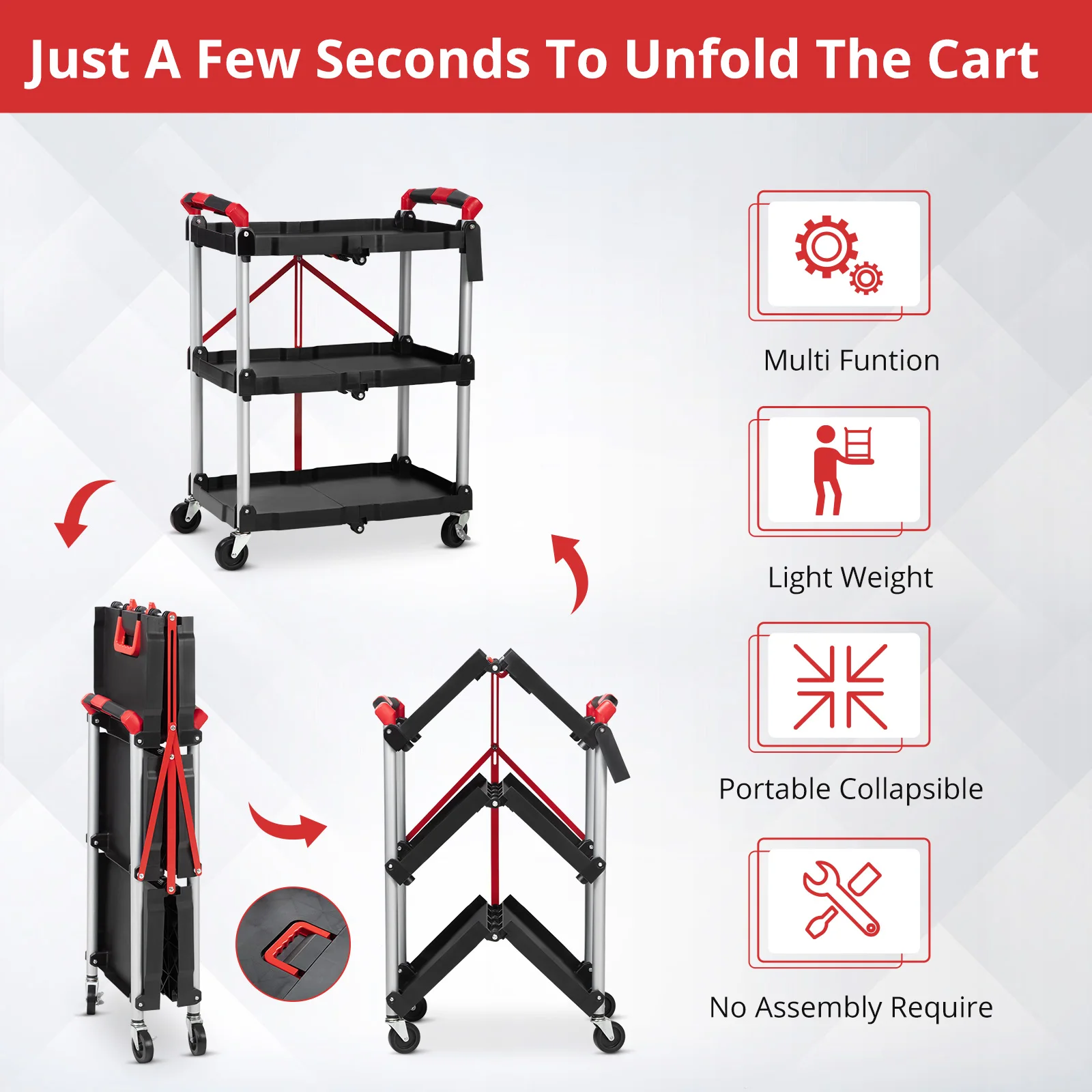 3 Tier Rolling Cart, 167Lbs Foldable Utility Service Cart with Lockable Wheels for Warehouse Garden Office Kitchen