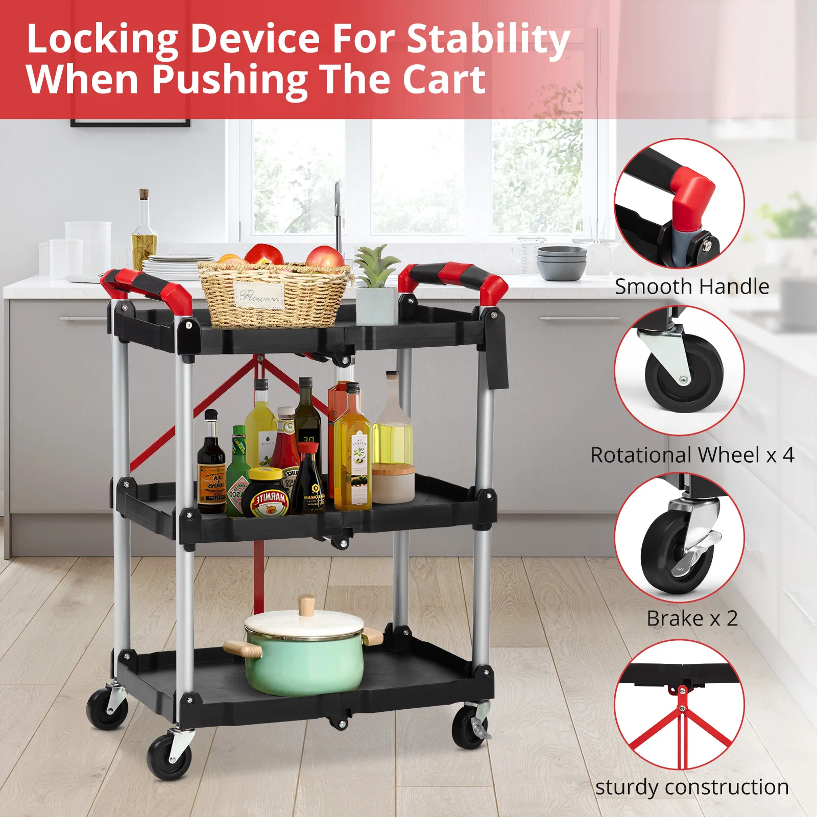 3 Tier Rolling Cart, 167Lbs Foldable Utility Service Cart with Lockable Wheels for Warehouse Garden Office Kitchen