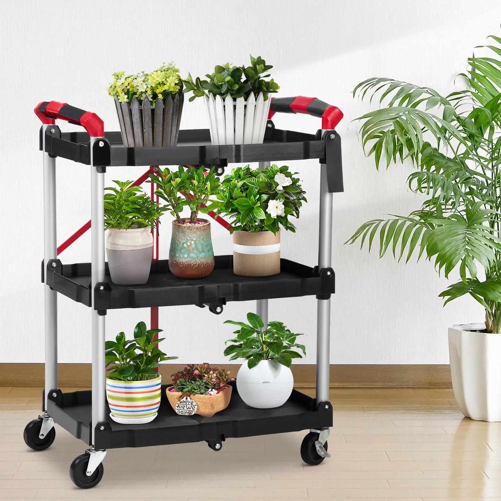 3 Tier Rolling Cart, 167Lbs Foldable Utility Service Cart with Lockable Wheels for Warehouse Garden Office Kitchen